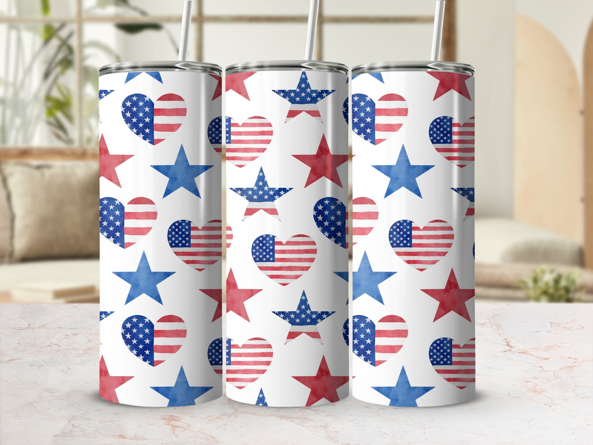 Three tumblers with red and blue stars and American flag hearts.