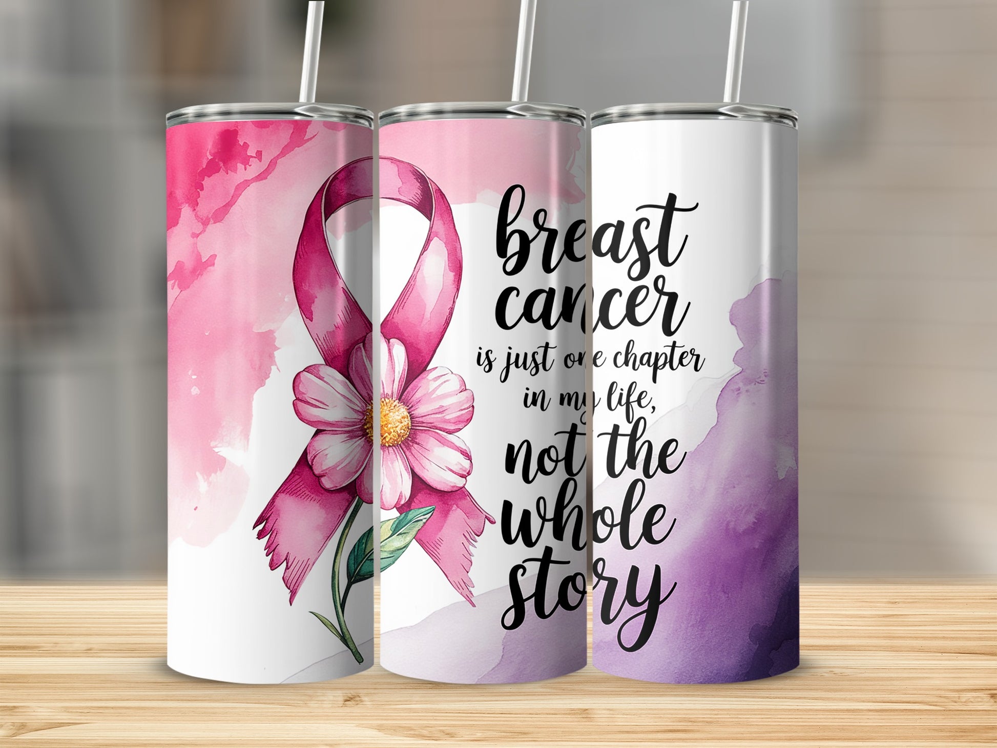 Three pink and purple tumblers with watercolor breast cancer ribbon design and inspirational text.