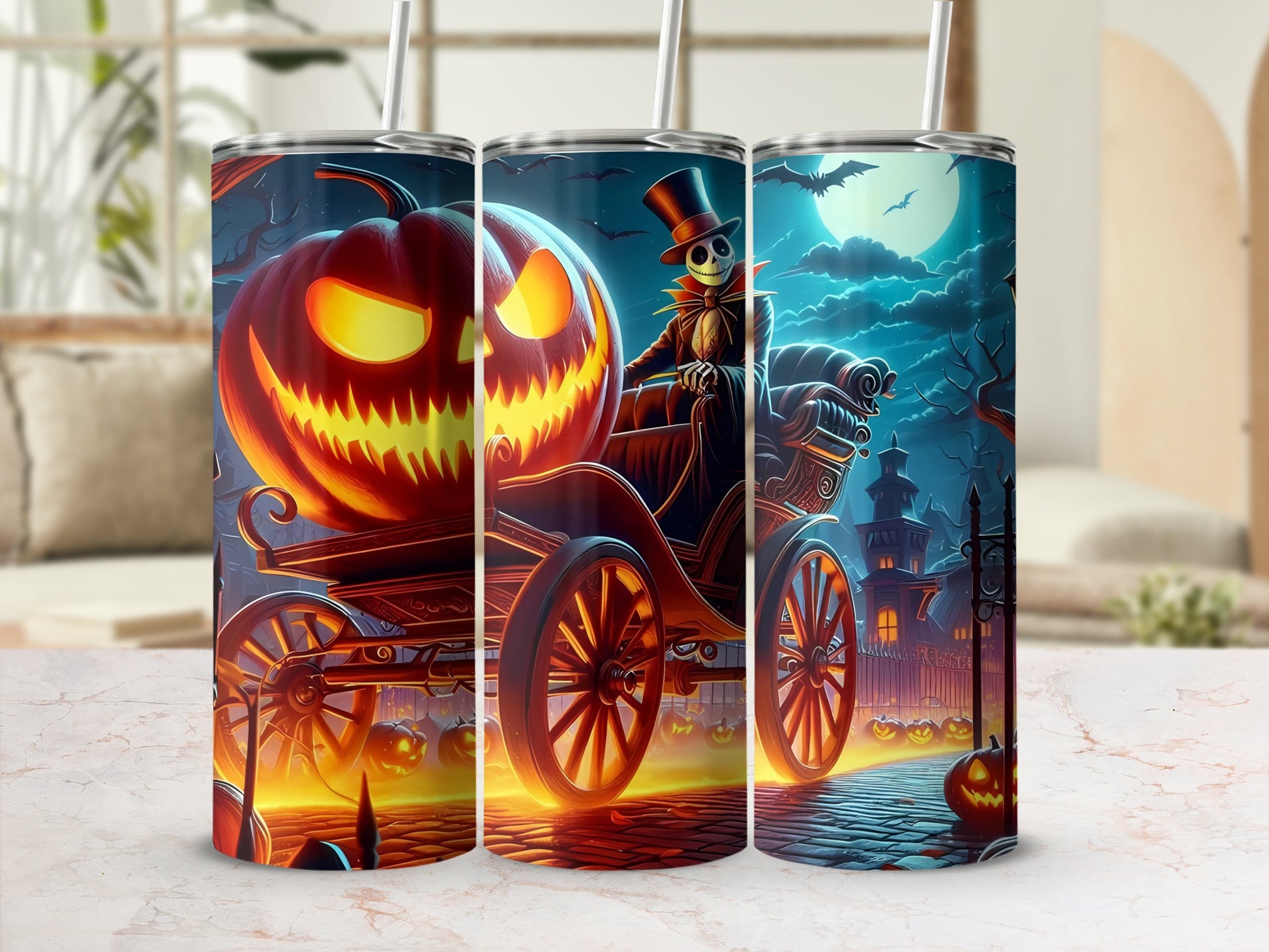 Three tumblers display a Halloween scene with a skeleton driver, a carriage, and jack-o'-lanterns.