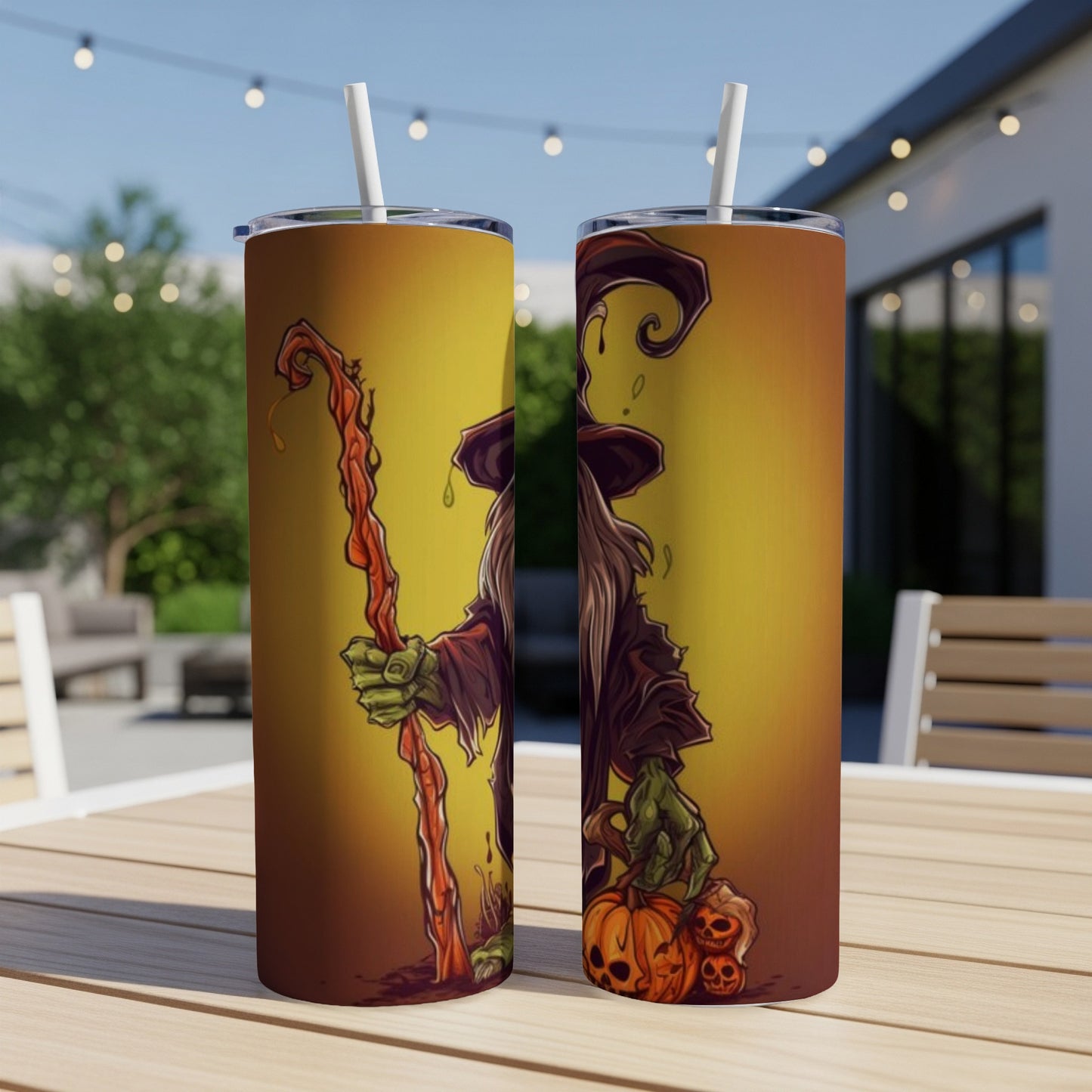 Two tumblers feature a cartoon wizard with pumpkins and skulls on a yellow gradient background.