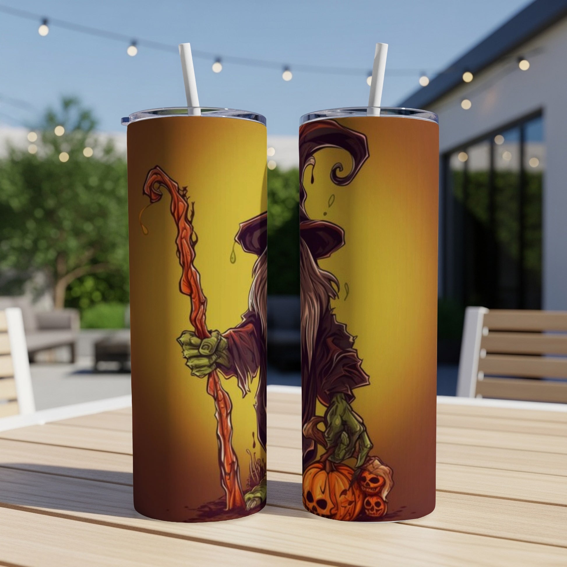 Two tumblers feature a cartoon wizard with pumpkins and skulls on a yellow gradient background.