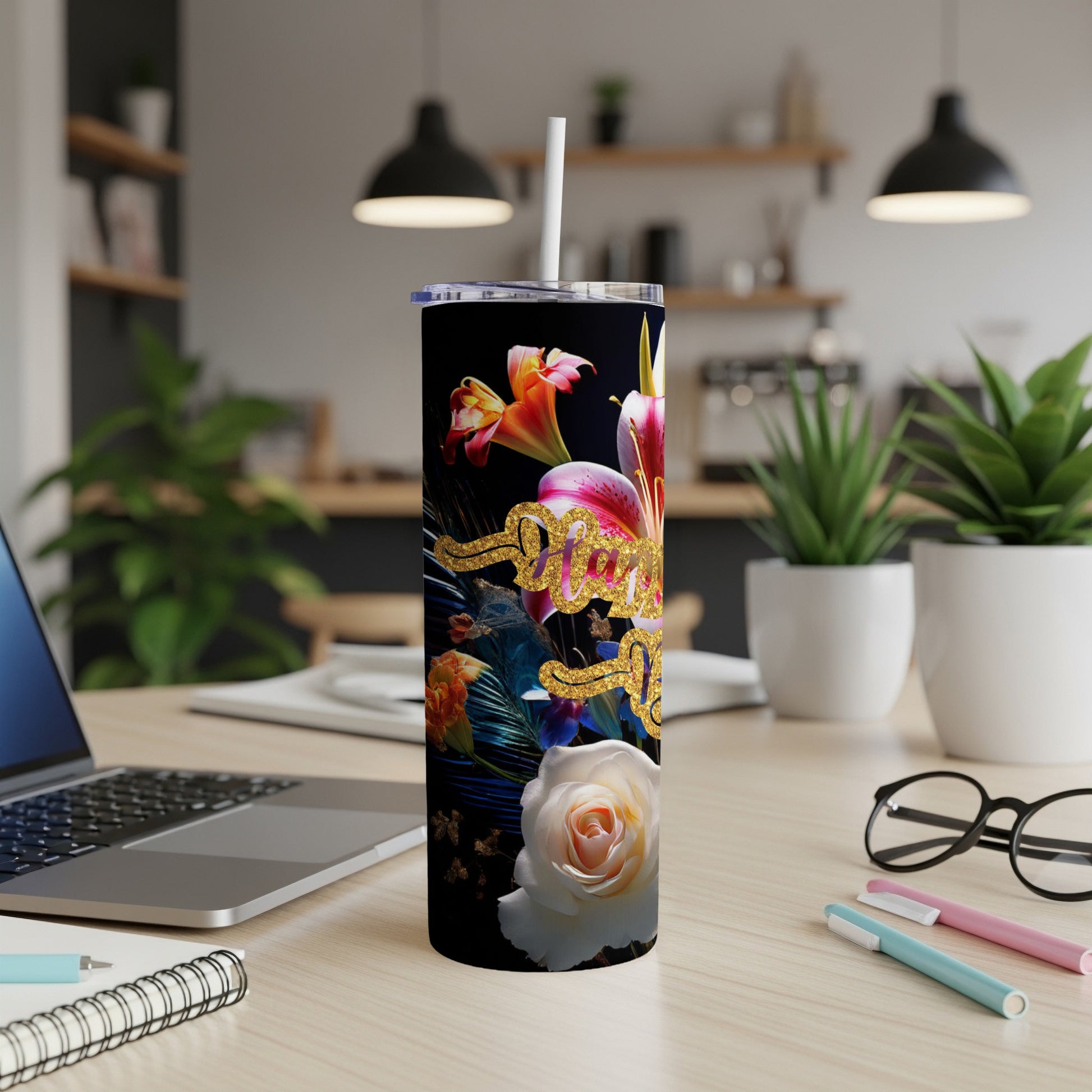 Black tumbler with floral design and "Happy Mother's Day" text.