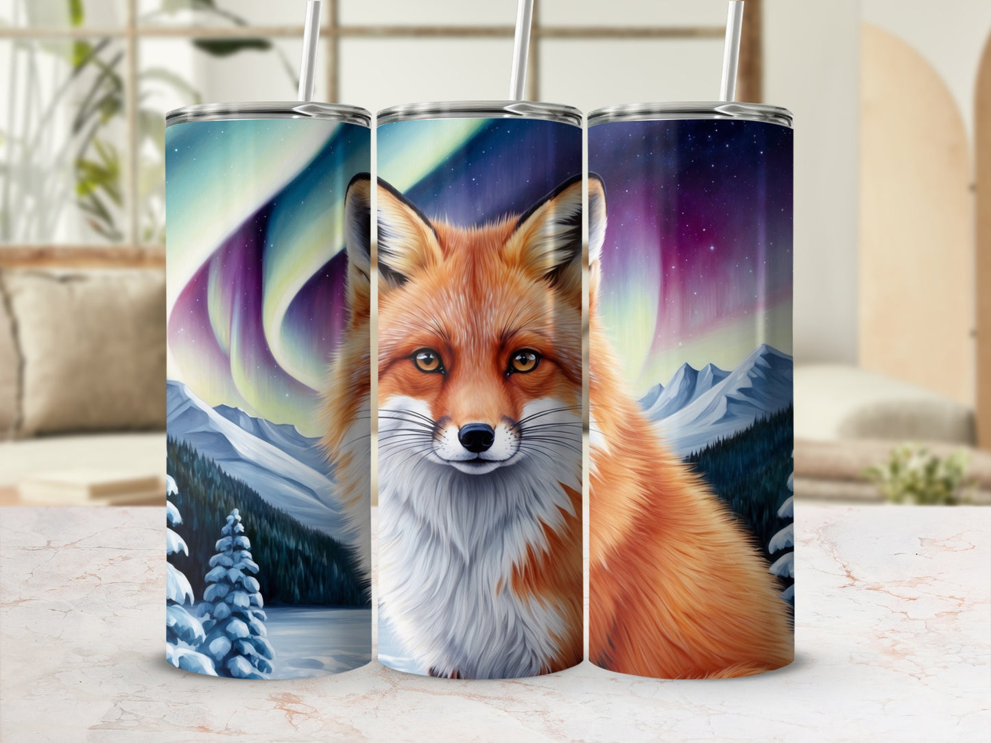 Fox against aurora borealis with snow-covered trees and mountains.