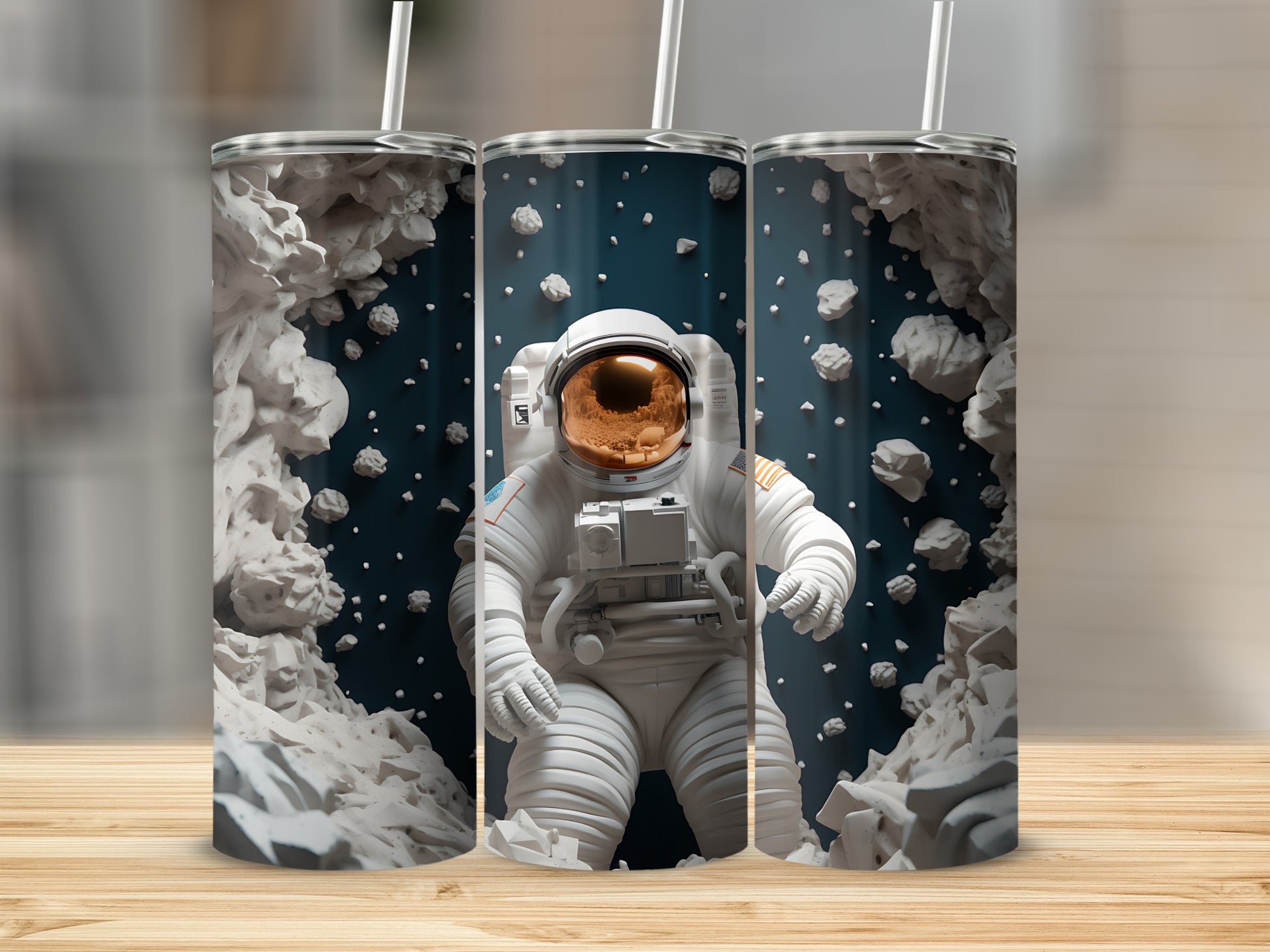 Astronaut in white suit with orange helmet on dark background with rocks and asteroids.