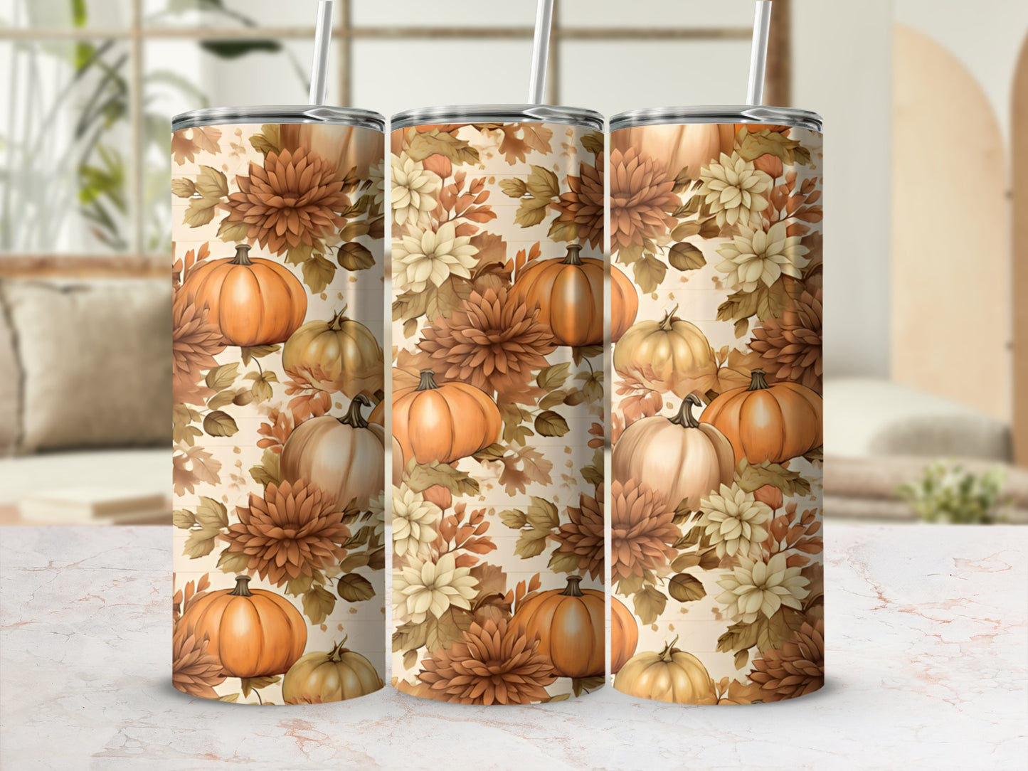 Tumbler with a fall floral and pumpkin pattern.