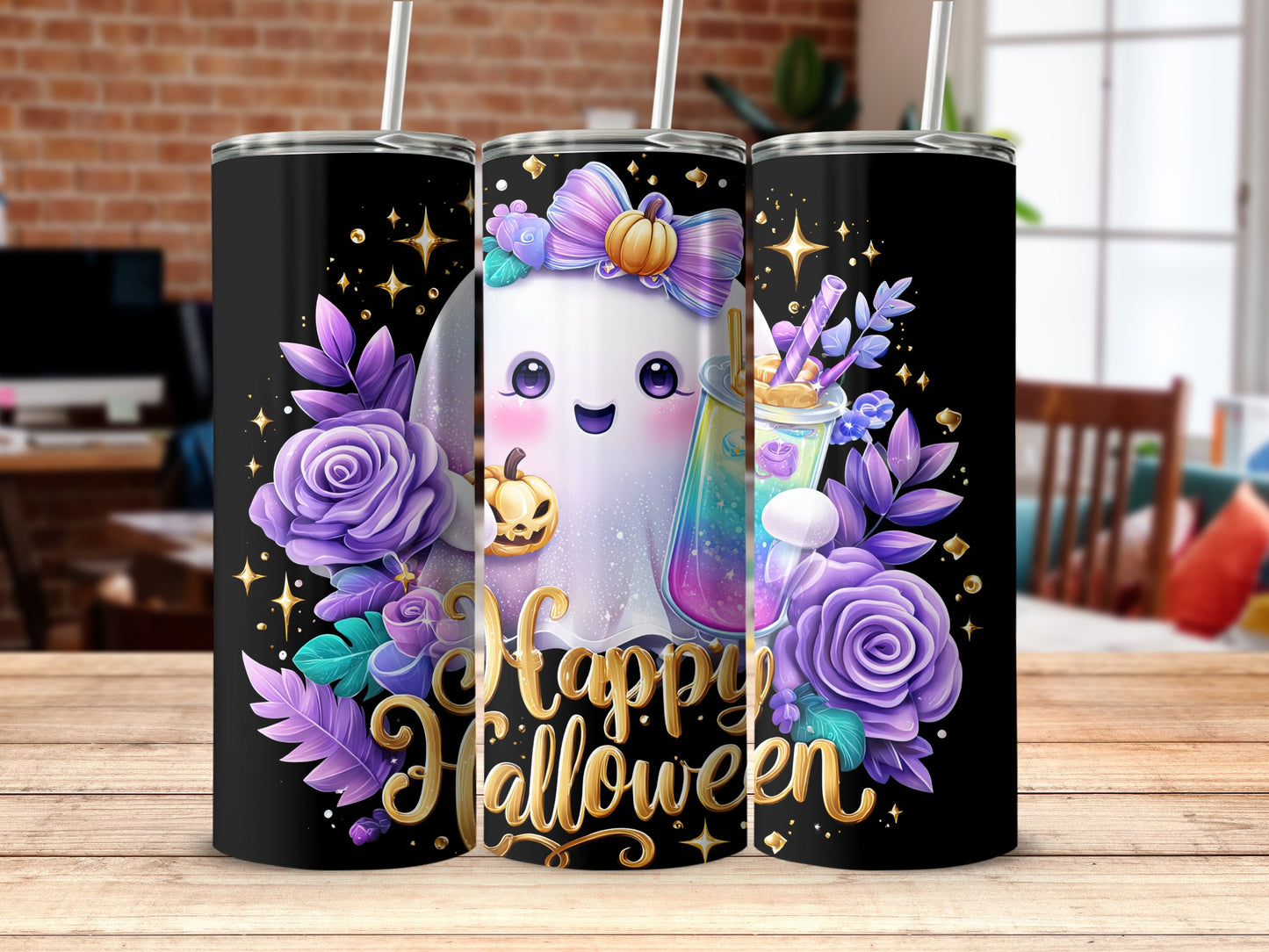 Happy Halloween Ghost Tumbler with Purple Flowers