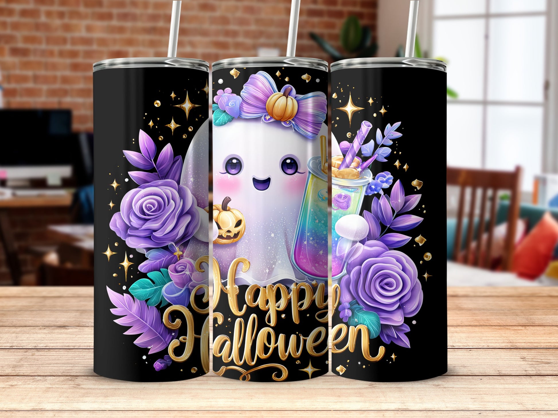 Happy Halloween Ghost Tumbler with Purple Flowers