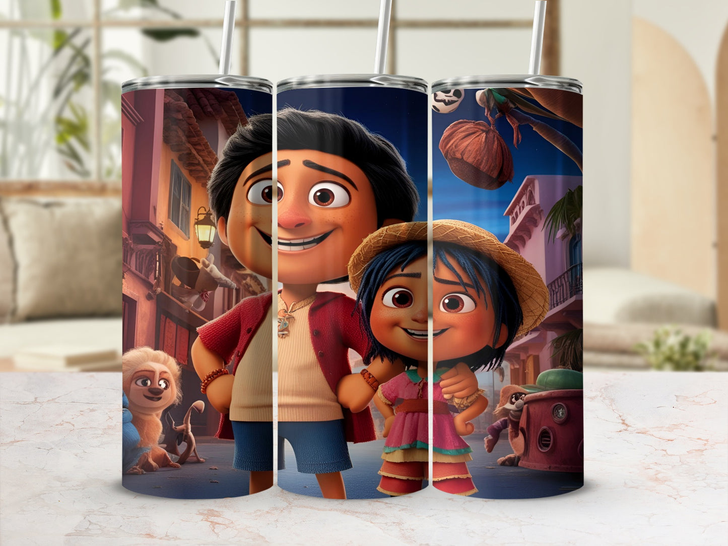 Animated characters from the movie Vivo on a stainless steel tumbler.