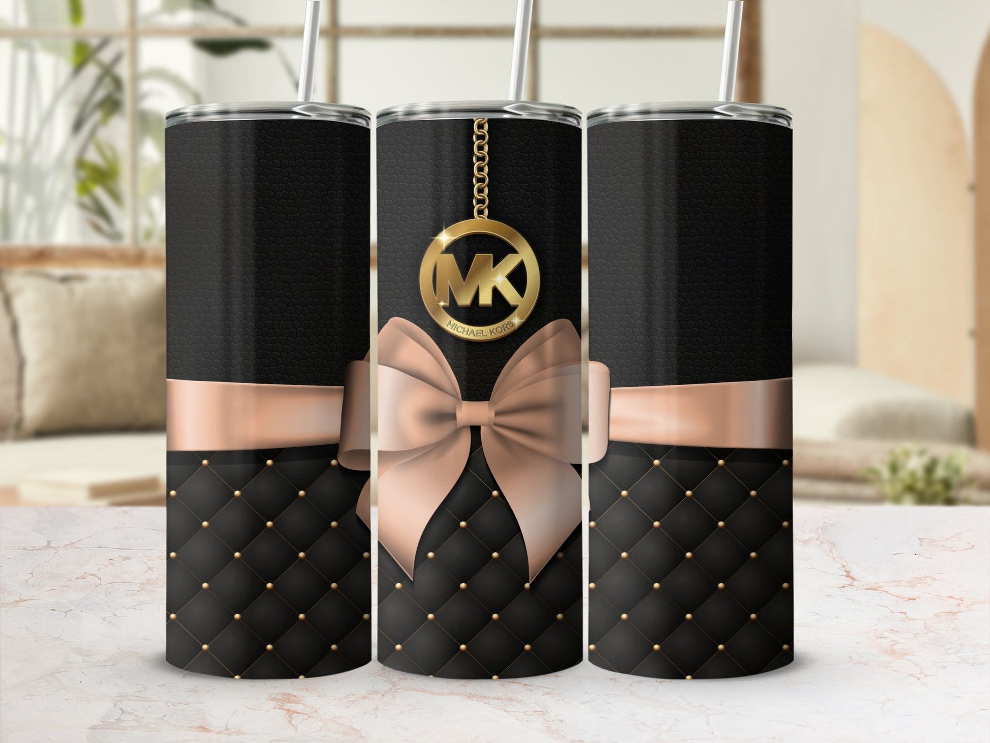 Black and Gold Quilted Design Tumbler with Bow Accessory