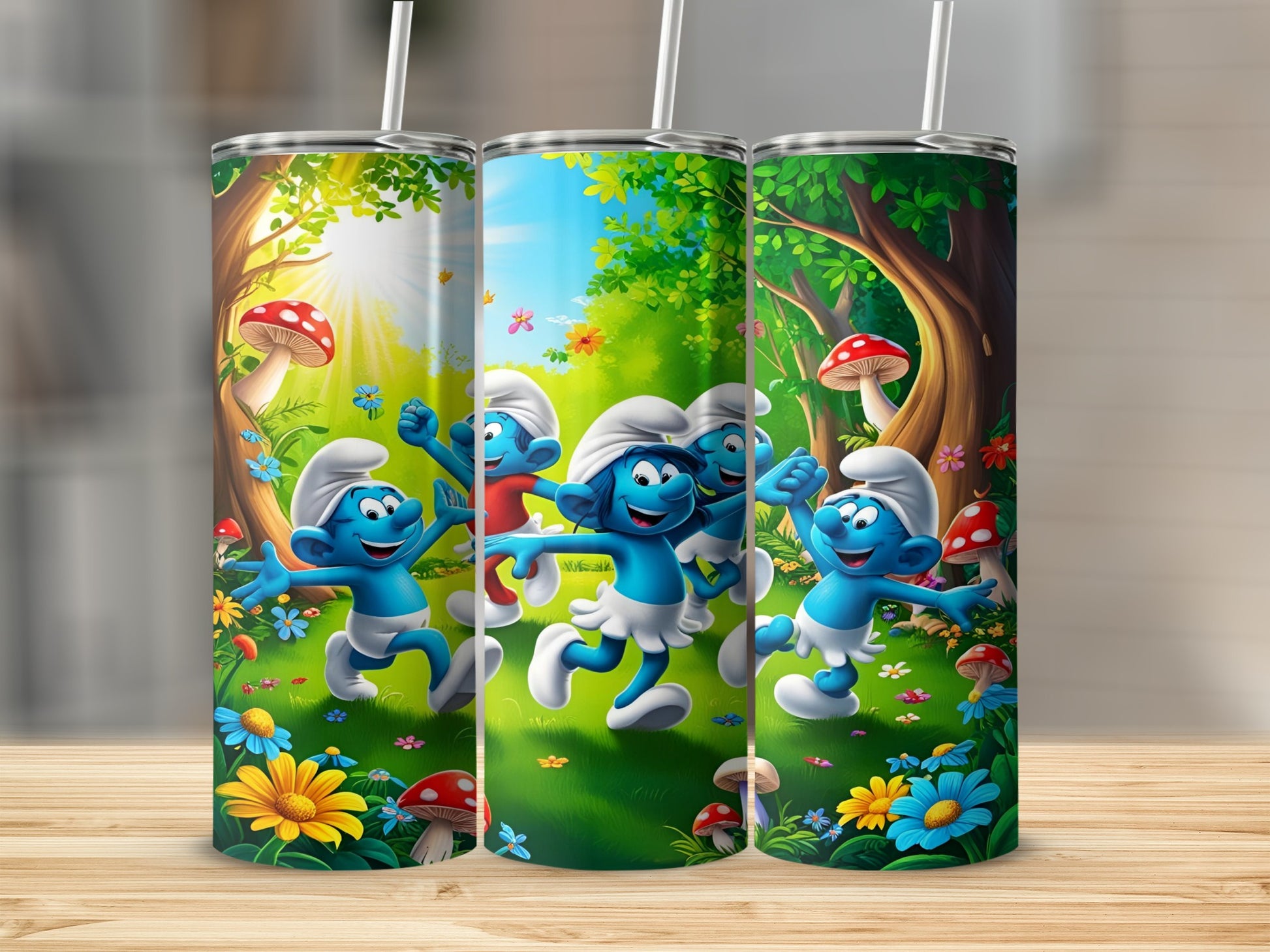 Smurfs dancing in a field of flowers and mushrooms.