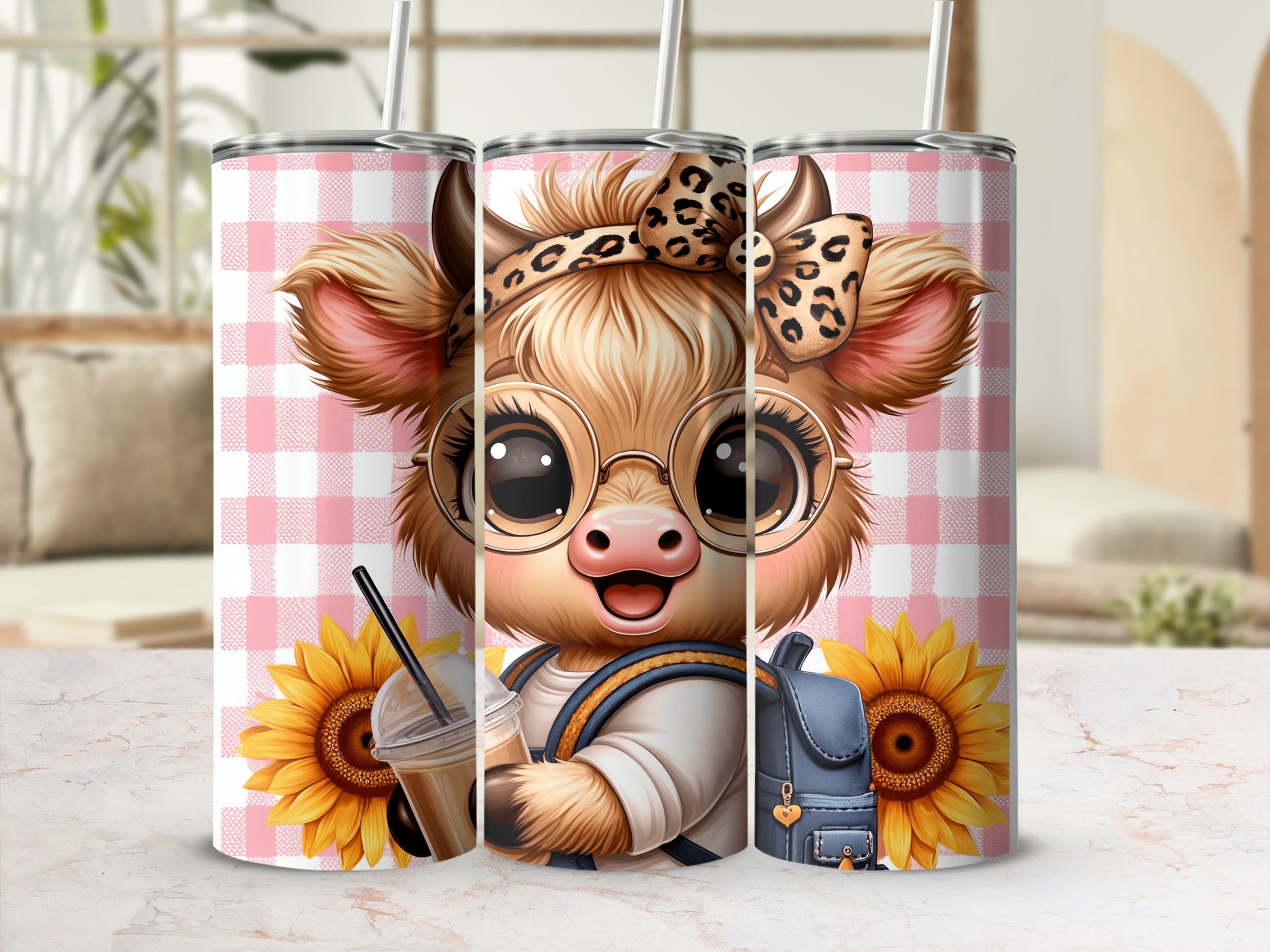 Cute cartoon cow wearing glasses and a bow, holding a drink.