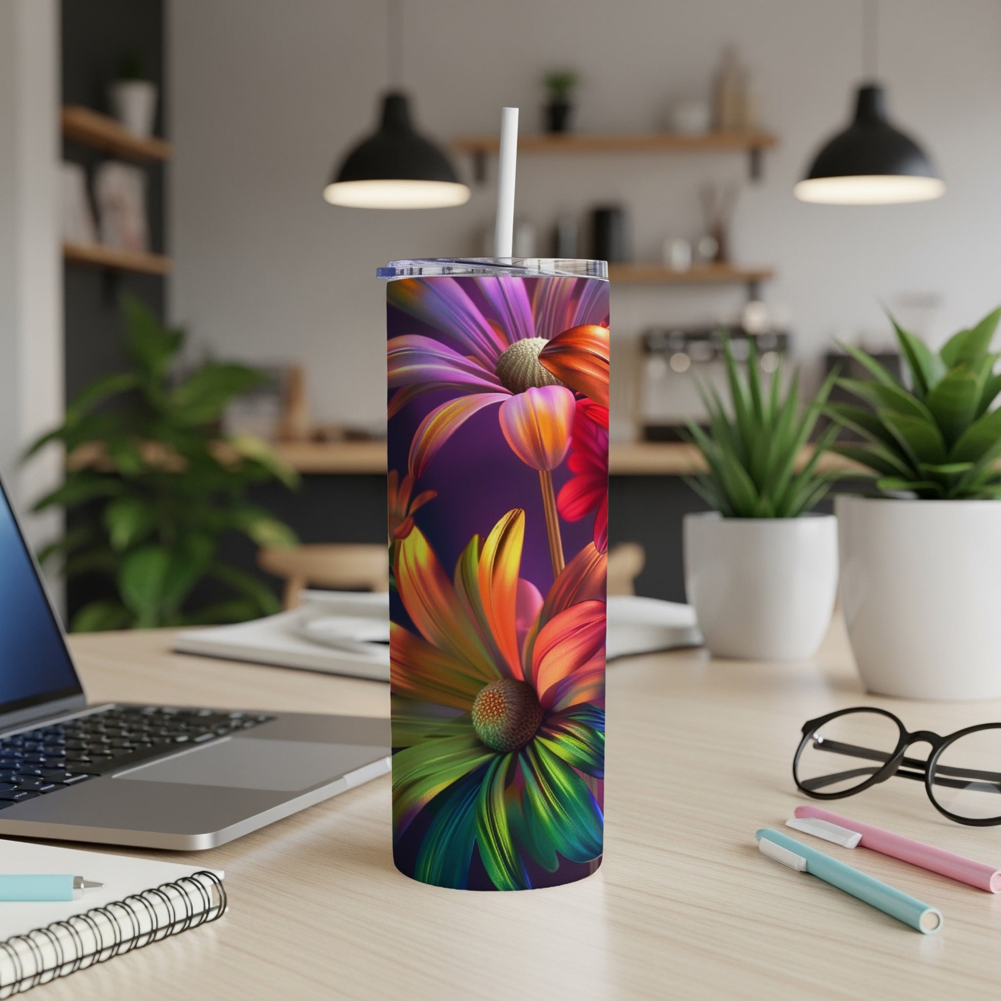 Colorful abstract floral pattern on a white tumbler with a straw.