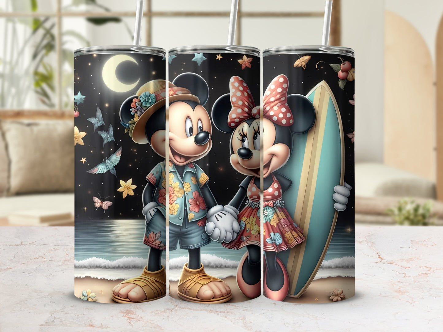 Mickey and Minnie Night Beach Scene Tumbler Set