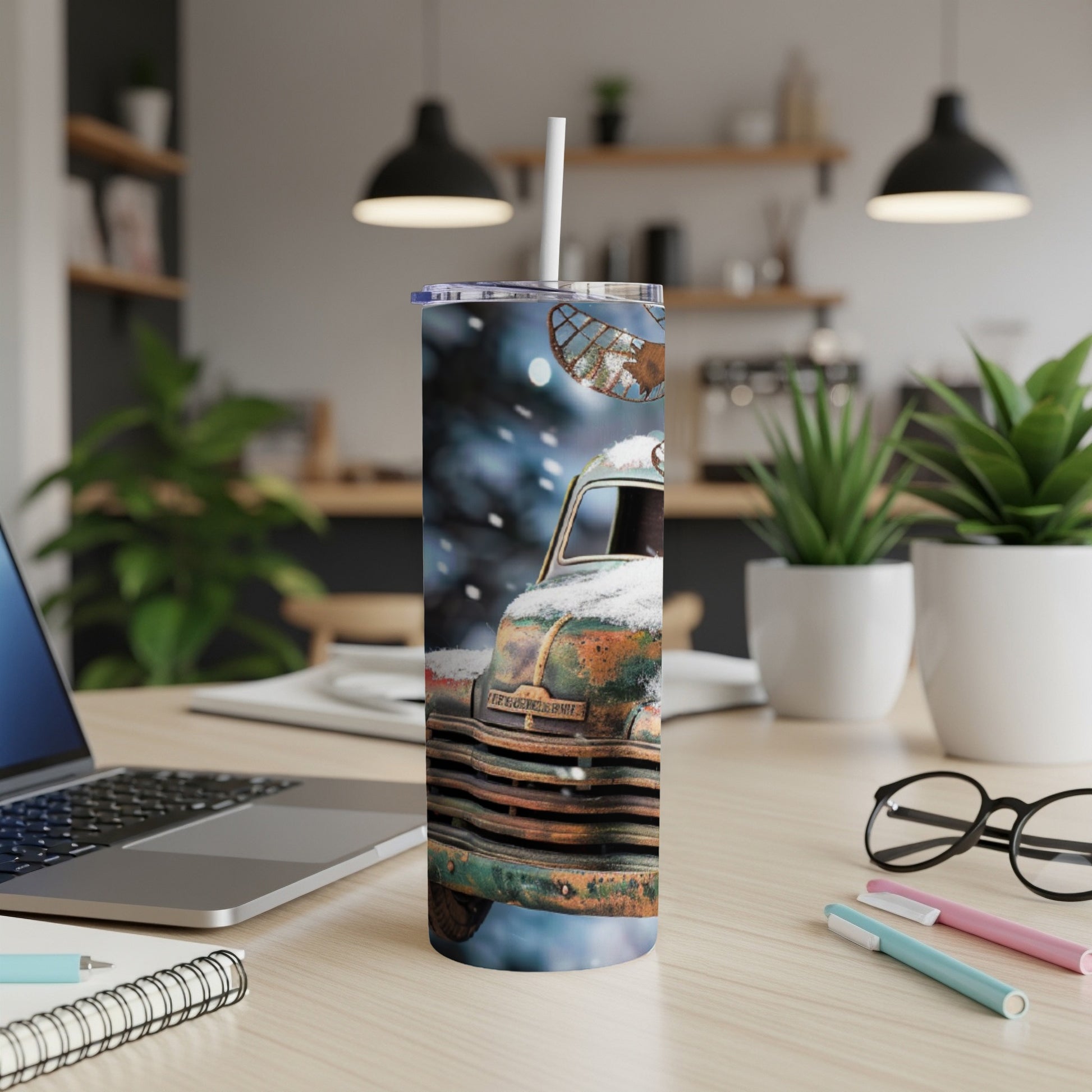 Snowy vintage truck design on a white tumbler with a straw.