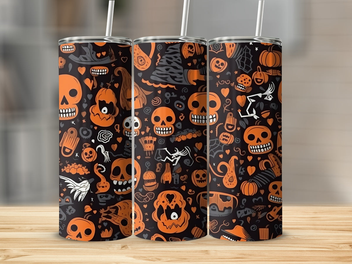 Three tumblers with a repeating Halloween pattern of skulls, pumpkins, and bats.