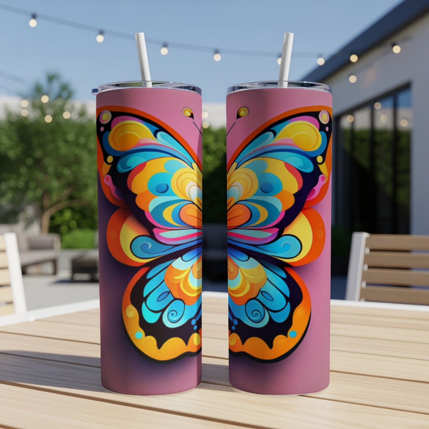 Two tumblers with a colorful butterfly design, on a table outdoors.