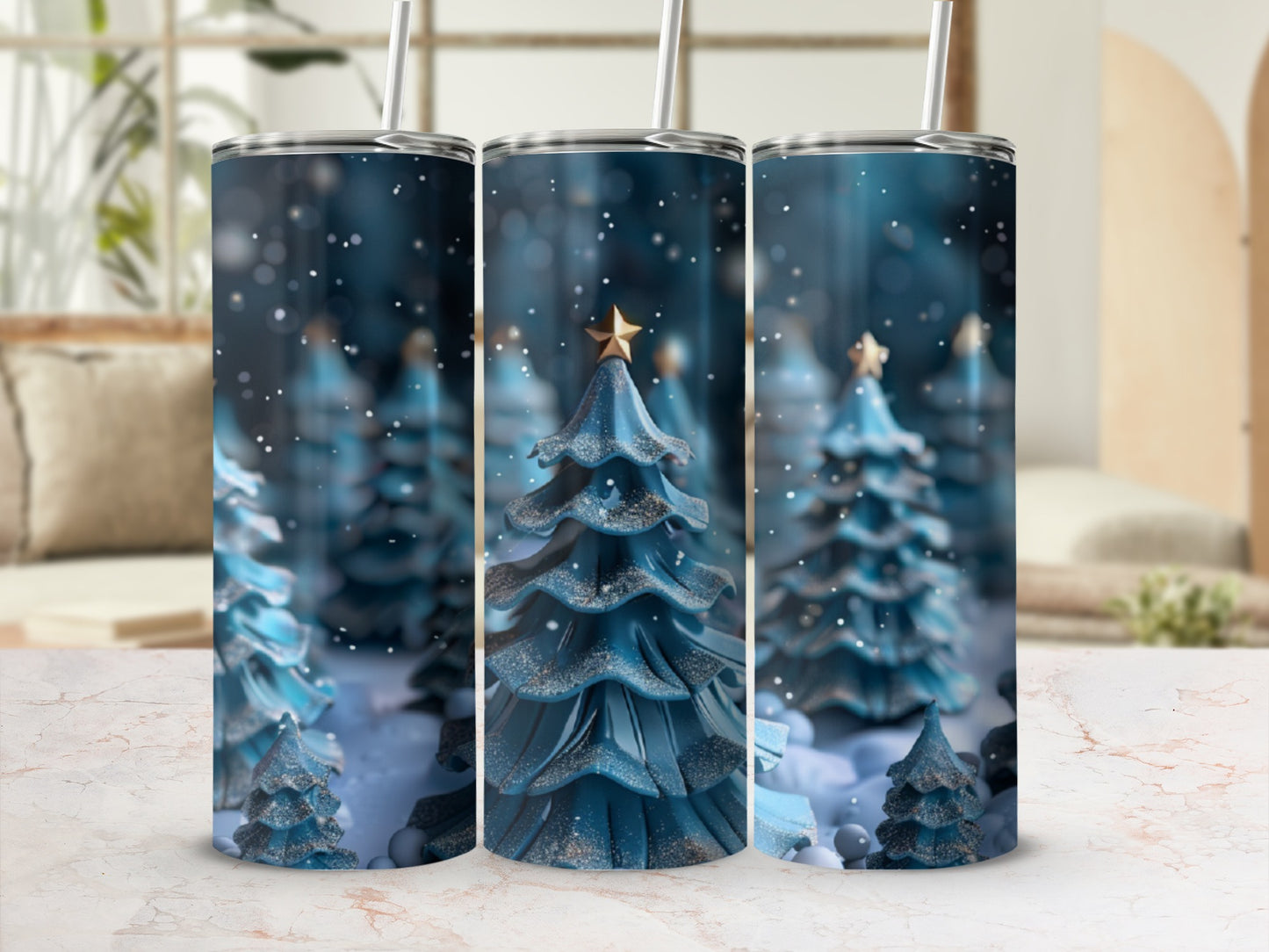 Three glittery blue Christmas trees with gold stars in a snowy forest.