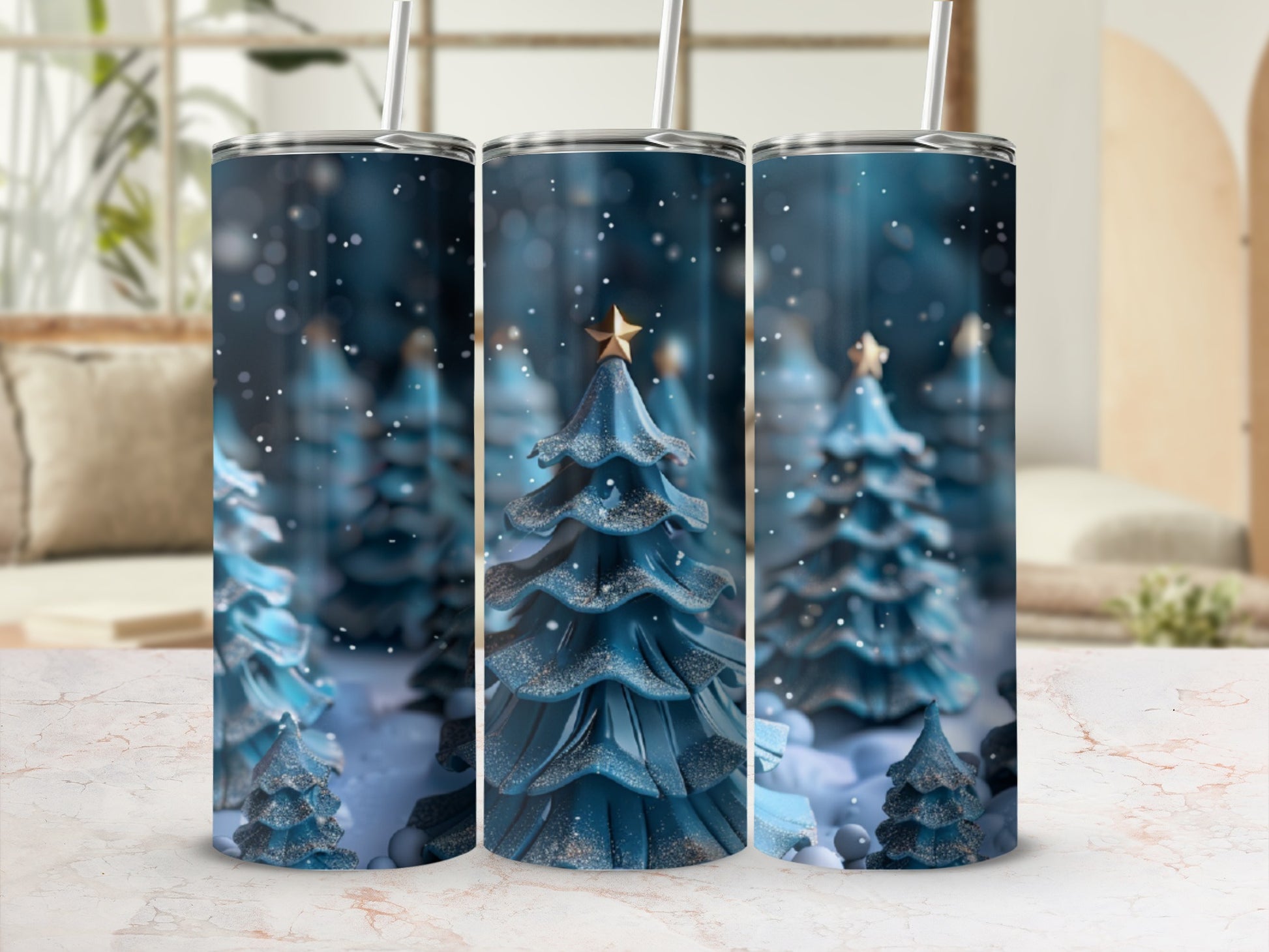 Three glittery blue Christmas trees with gold stars in a snowy forest.