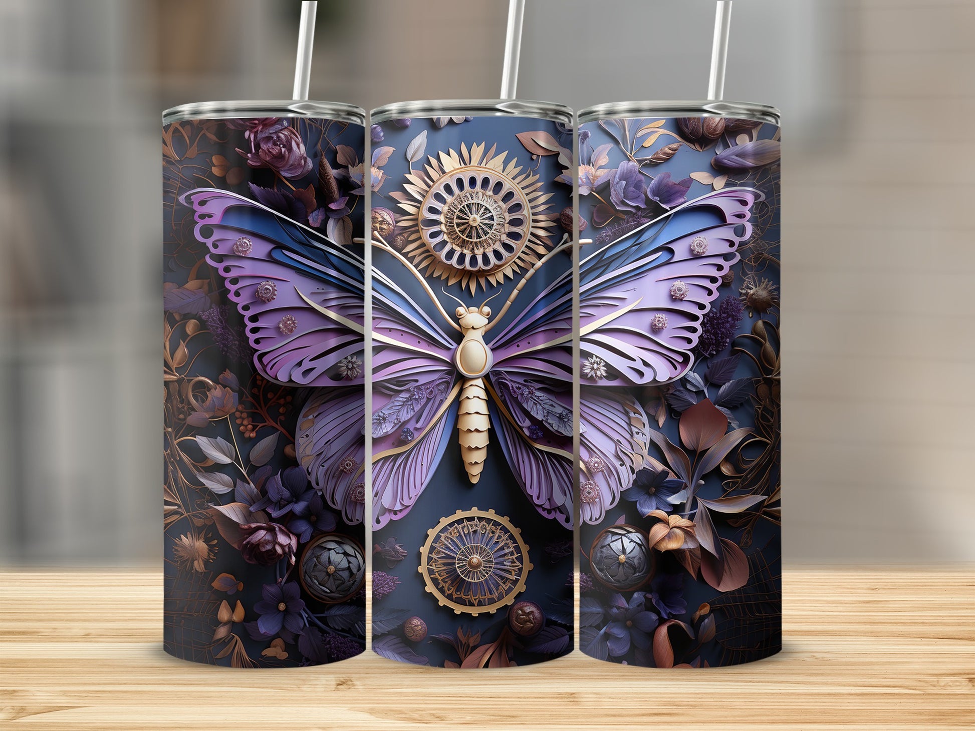 Steampunk butterfly and floral design on a three-panel tumbler wrap.