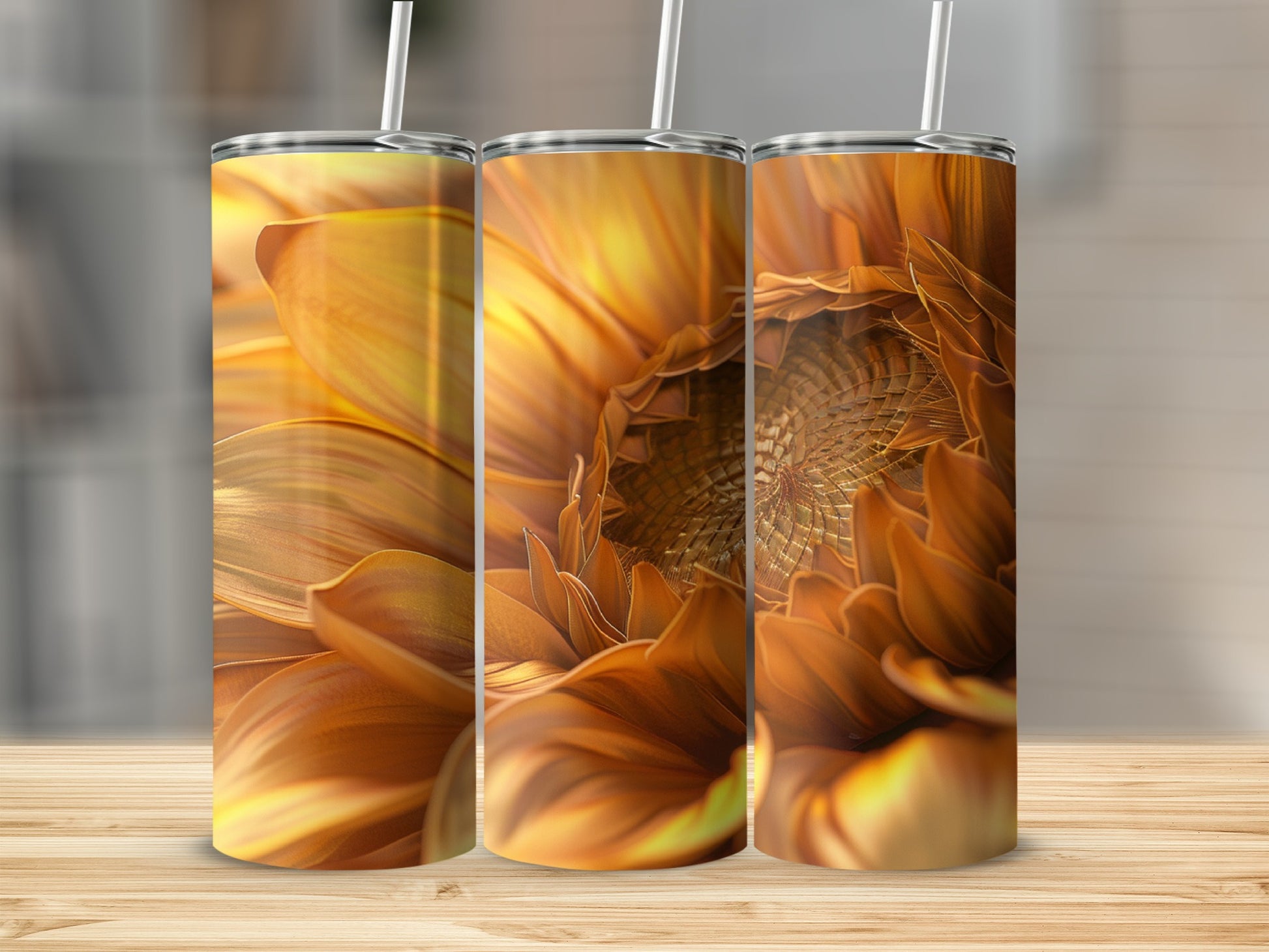 Three tumblers featuring a close-up of a golden sunflower with a straw.