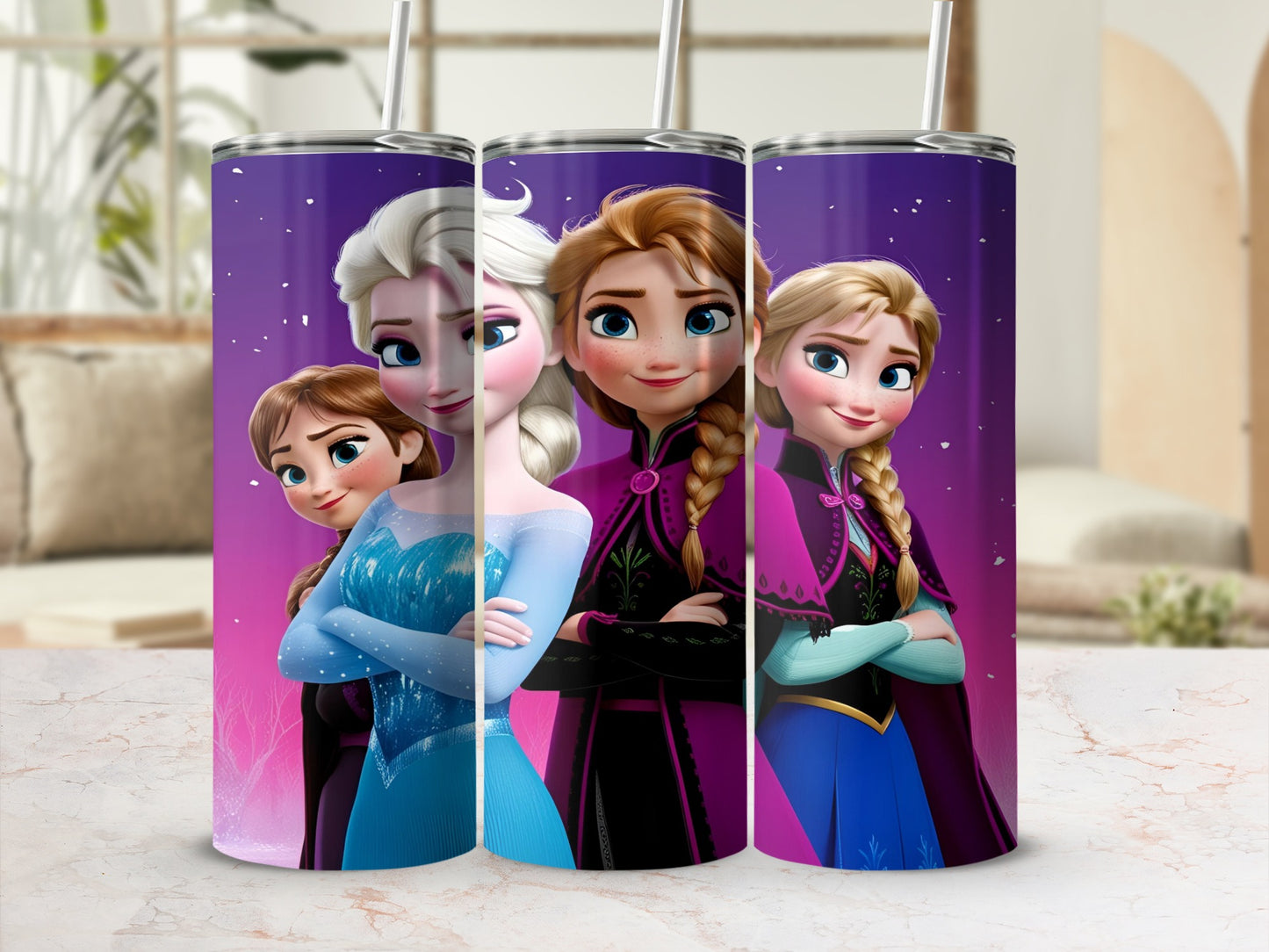 Elsa and Anna from Frozen on a purple tumbler with straws.