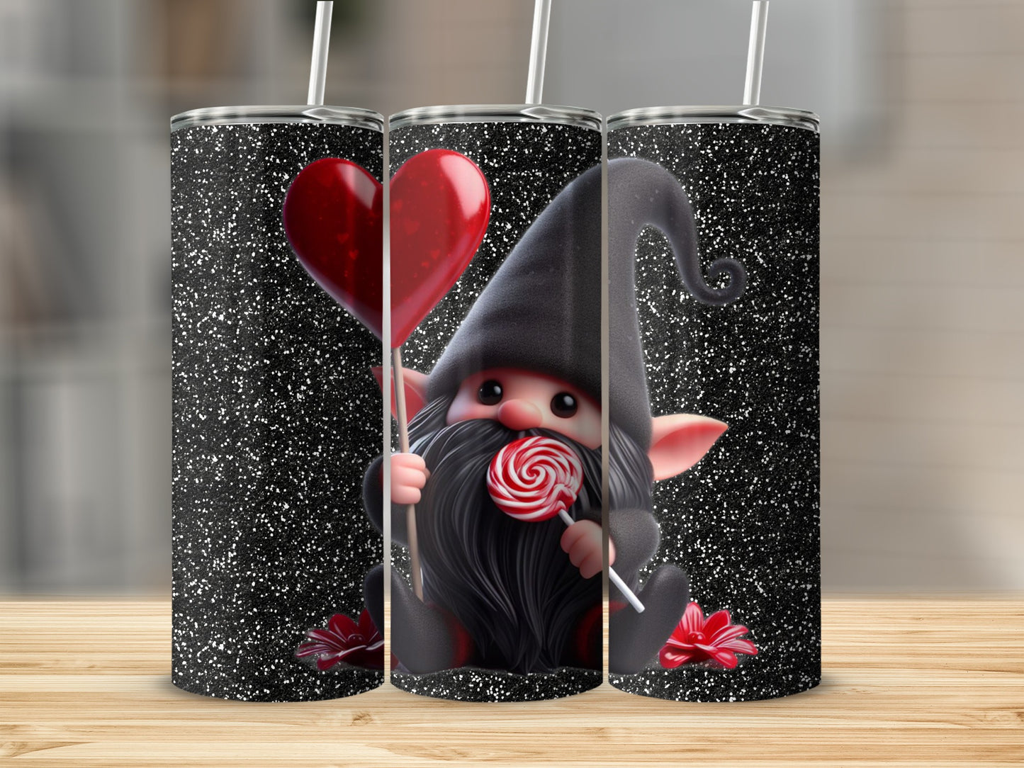 Cute Gnome with Heart and Lollipop on Black Sparkly Tumbler