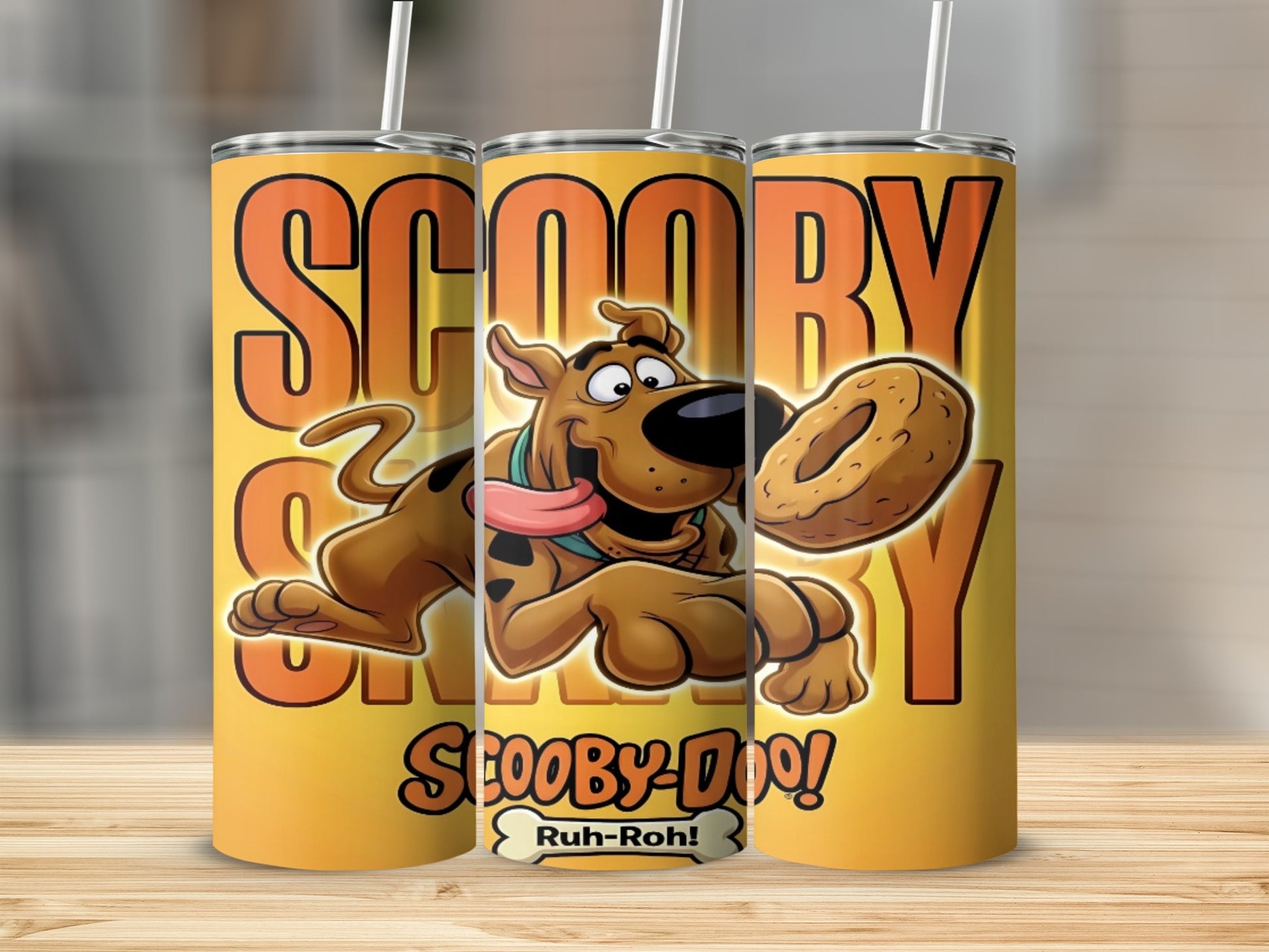 Scooby-Doo cartoon character with a donut, "Ruh-Roh!" text.