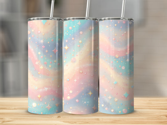 Pastel galaxy design tumblers with stars and sparkles.