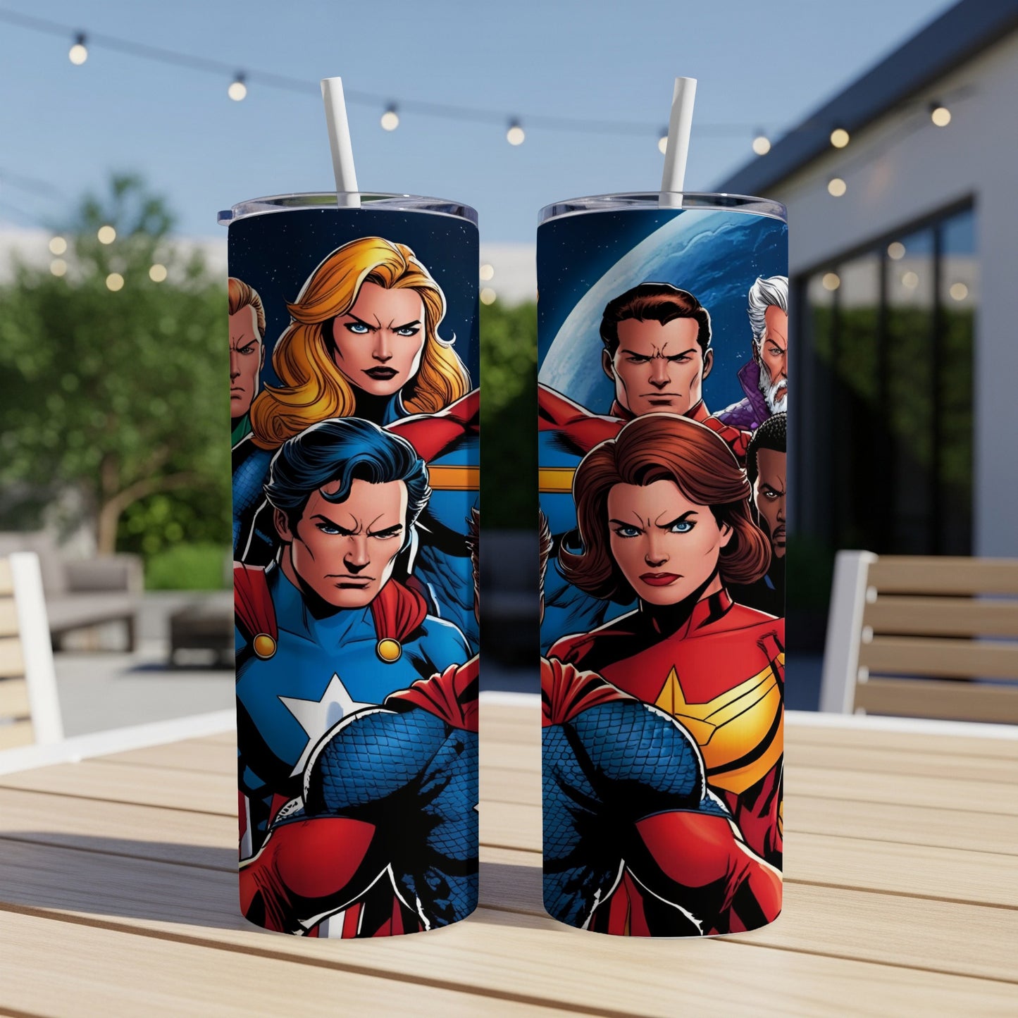 Two tumblers featuring Marvel superheroes Captain America, Captain Marvel, and others.