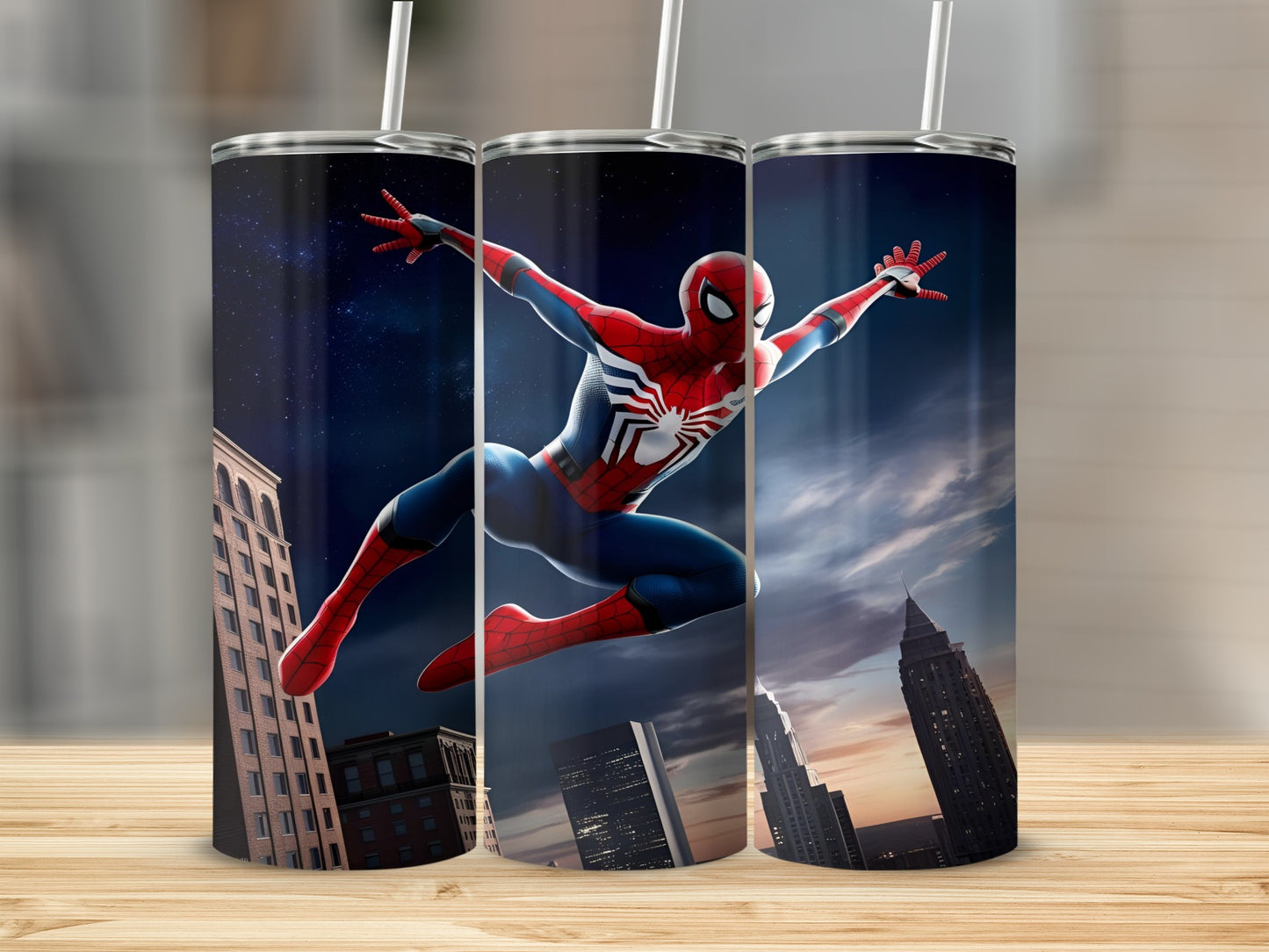 Spiderman leaping through city skyline at night.