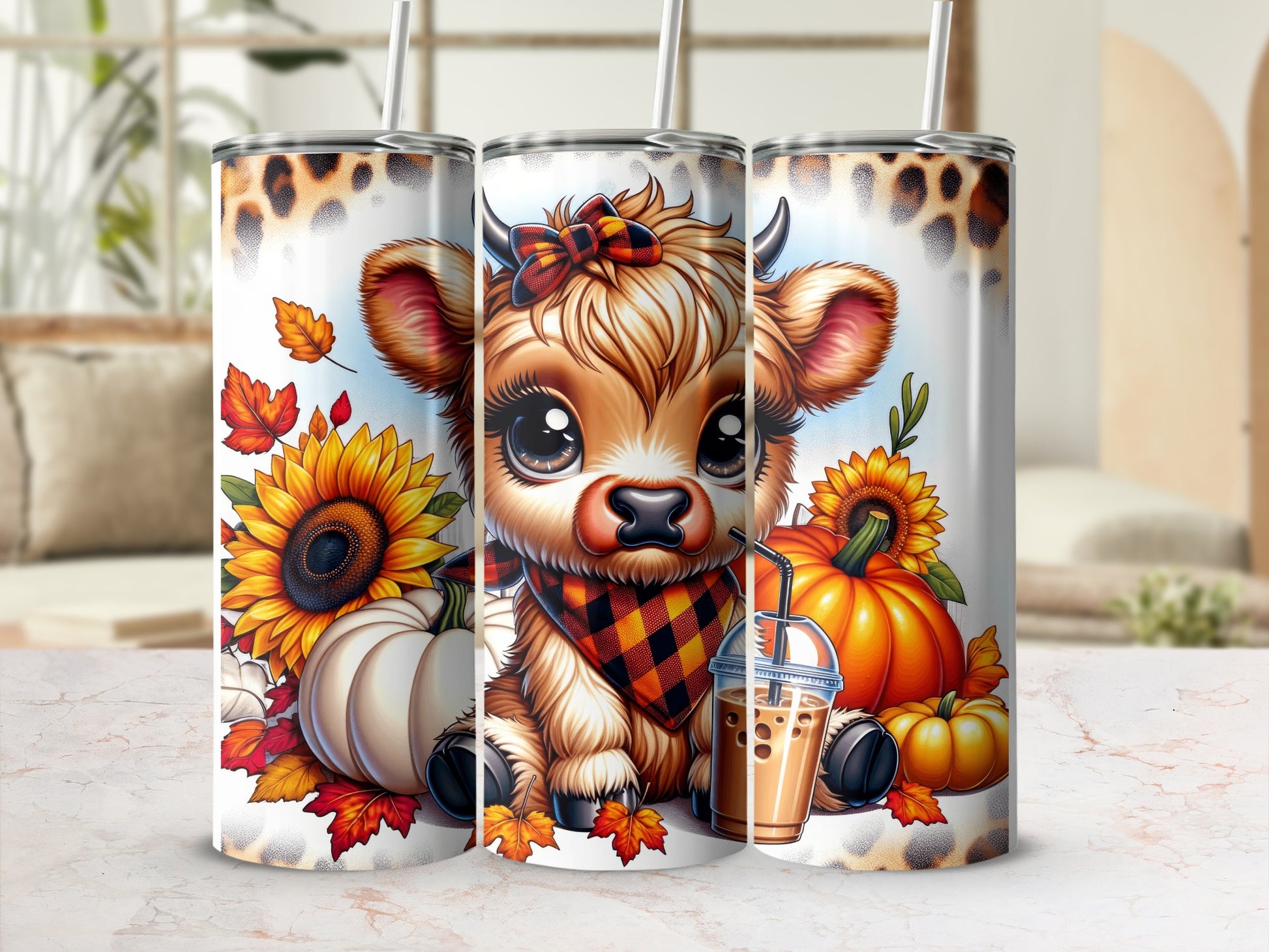 Cute cow with sunflowers, pumpkins, and autumn leaves on a tumbler.