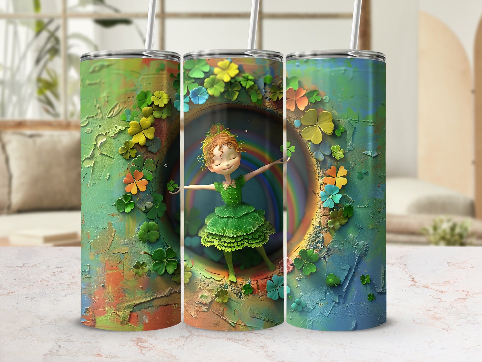 Green tumbler with a girl dancing surrounded by colorful flowers and shamrocks.
