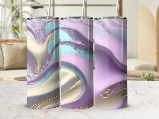 Three tumblers with iridescent marbled patterns in purple, blue, and gold.