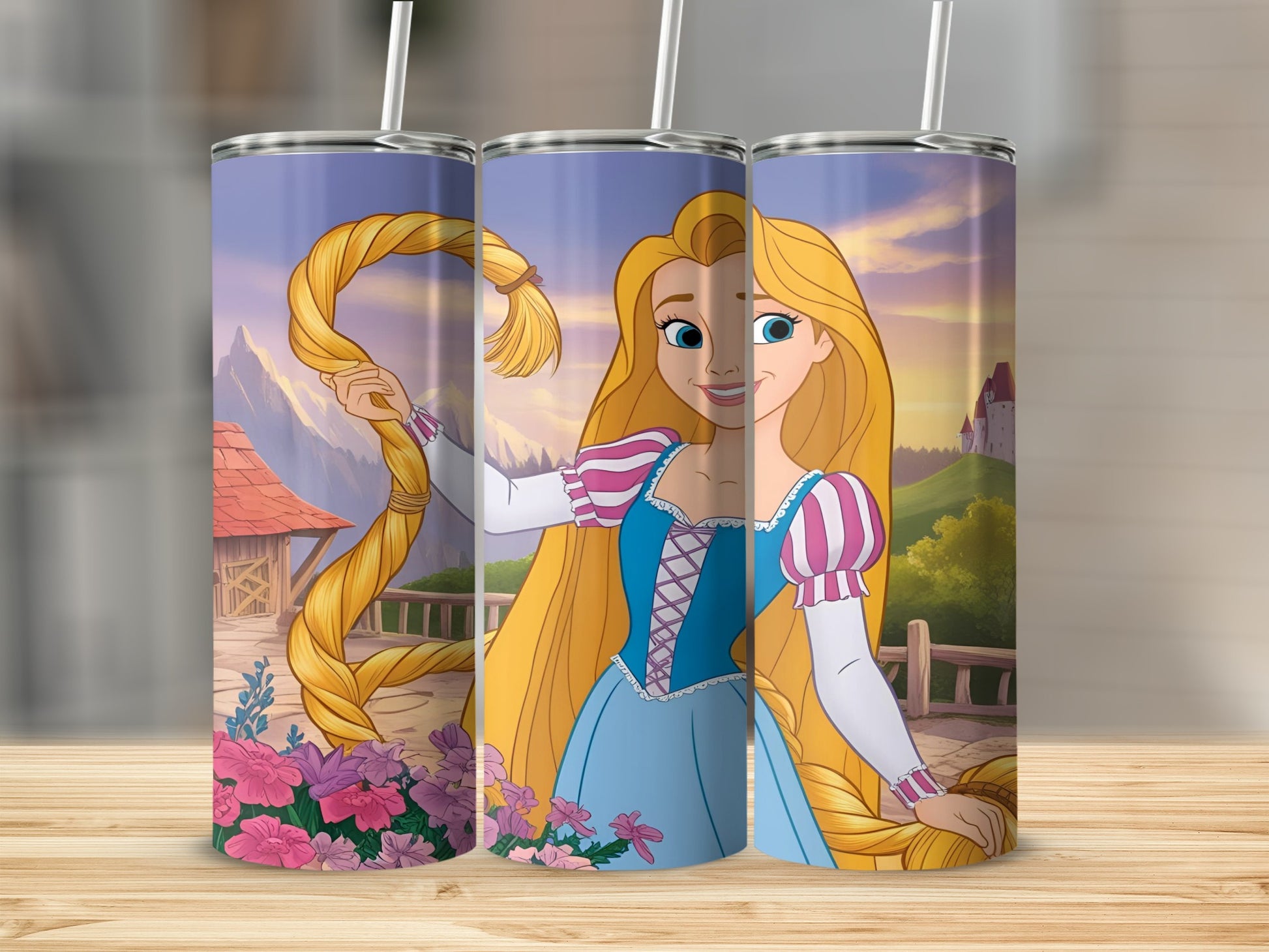 Tangled's Rapunzel holding her long braid, with castle background.