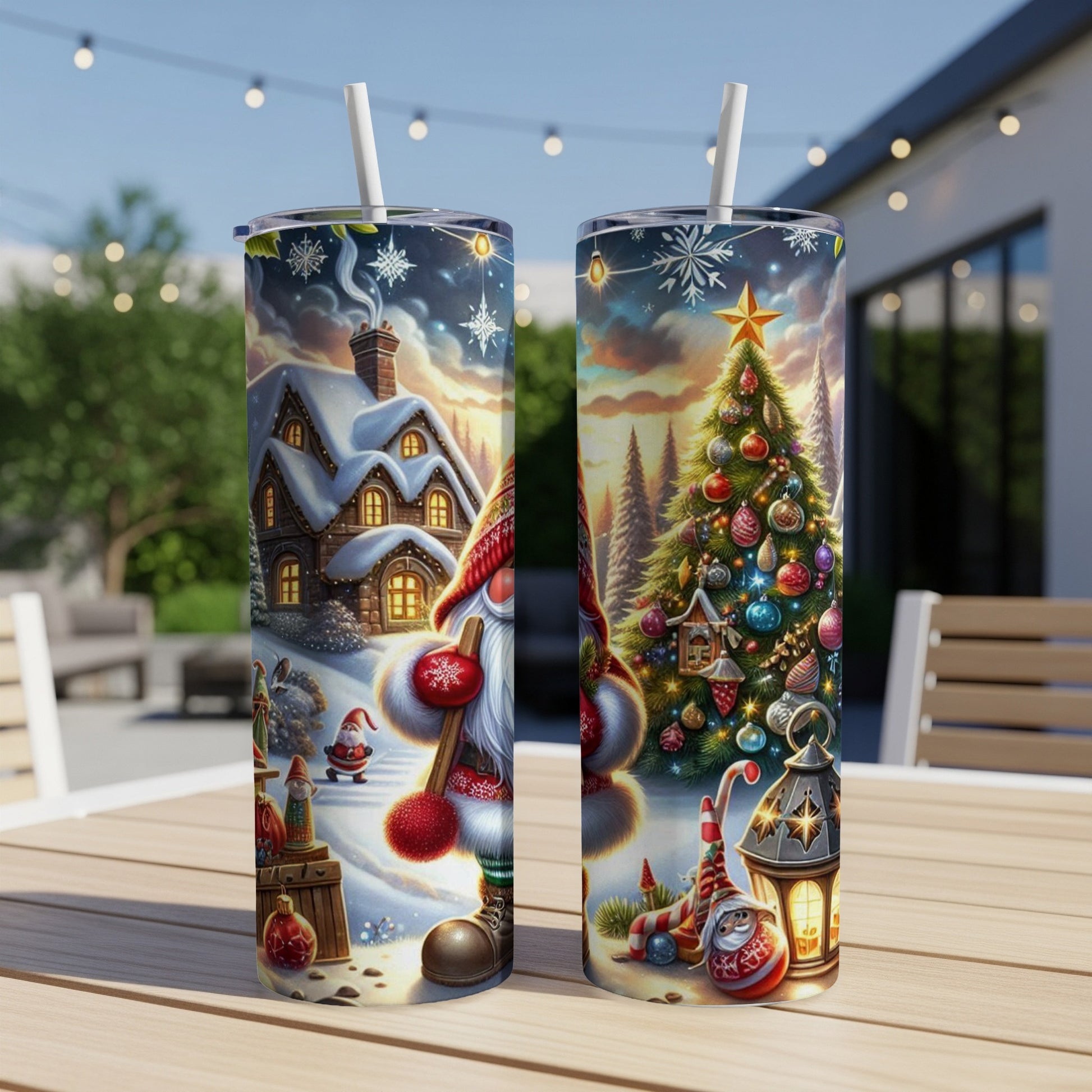 Two Christmas tumblers featuring gnomes and decorated trees.