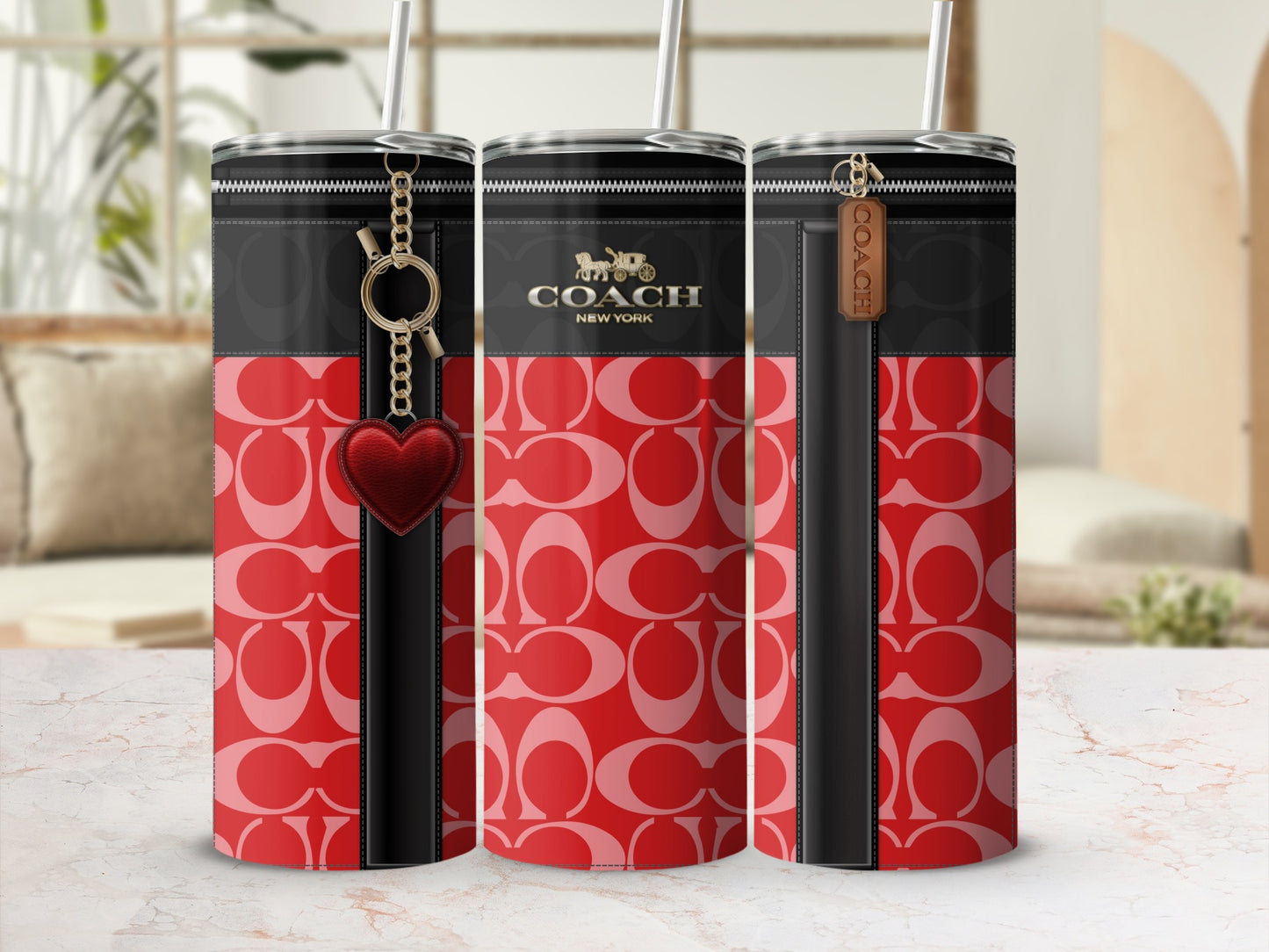 Red and Black Designer Patterned Tumbler With Straw