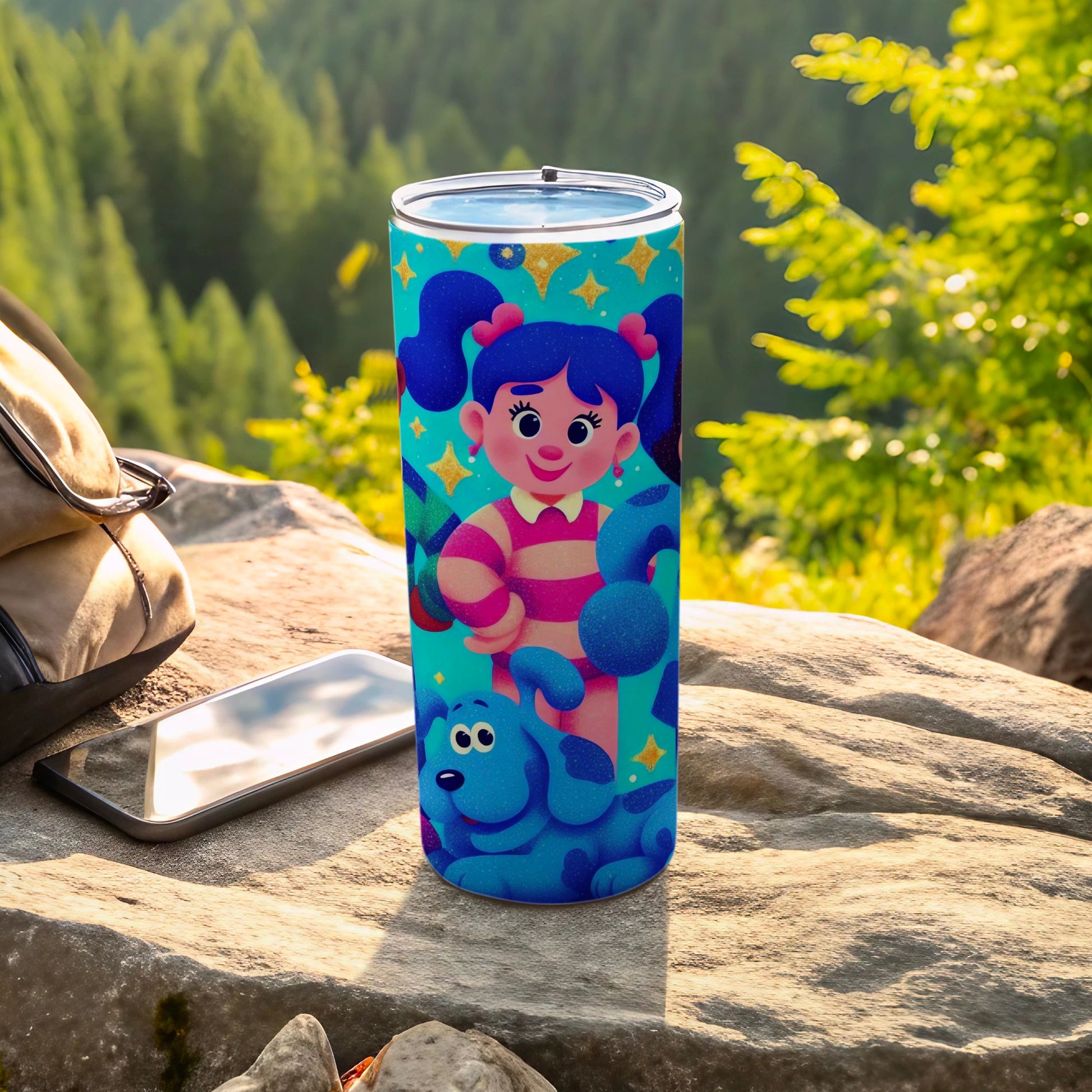 Colorful Cartoon Character on Blue Tumbler