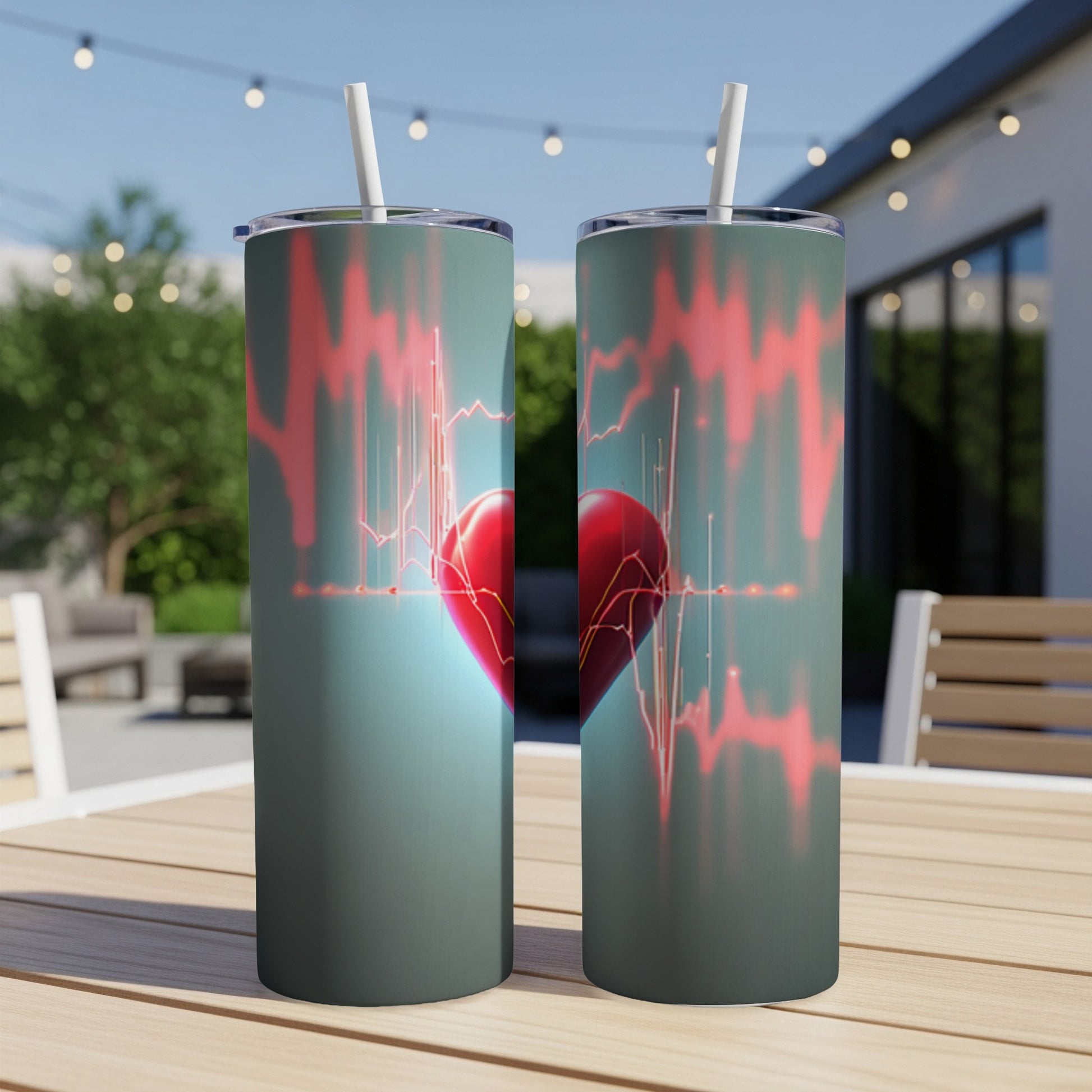 Two tumblers with a red heart and EKG line graphic.