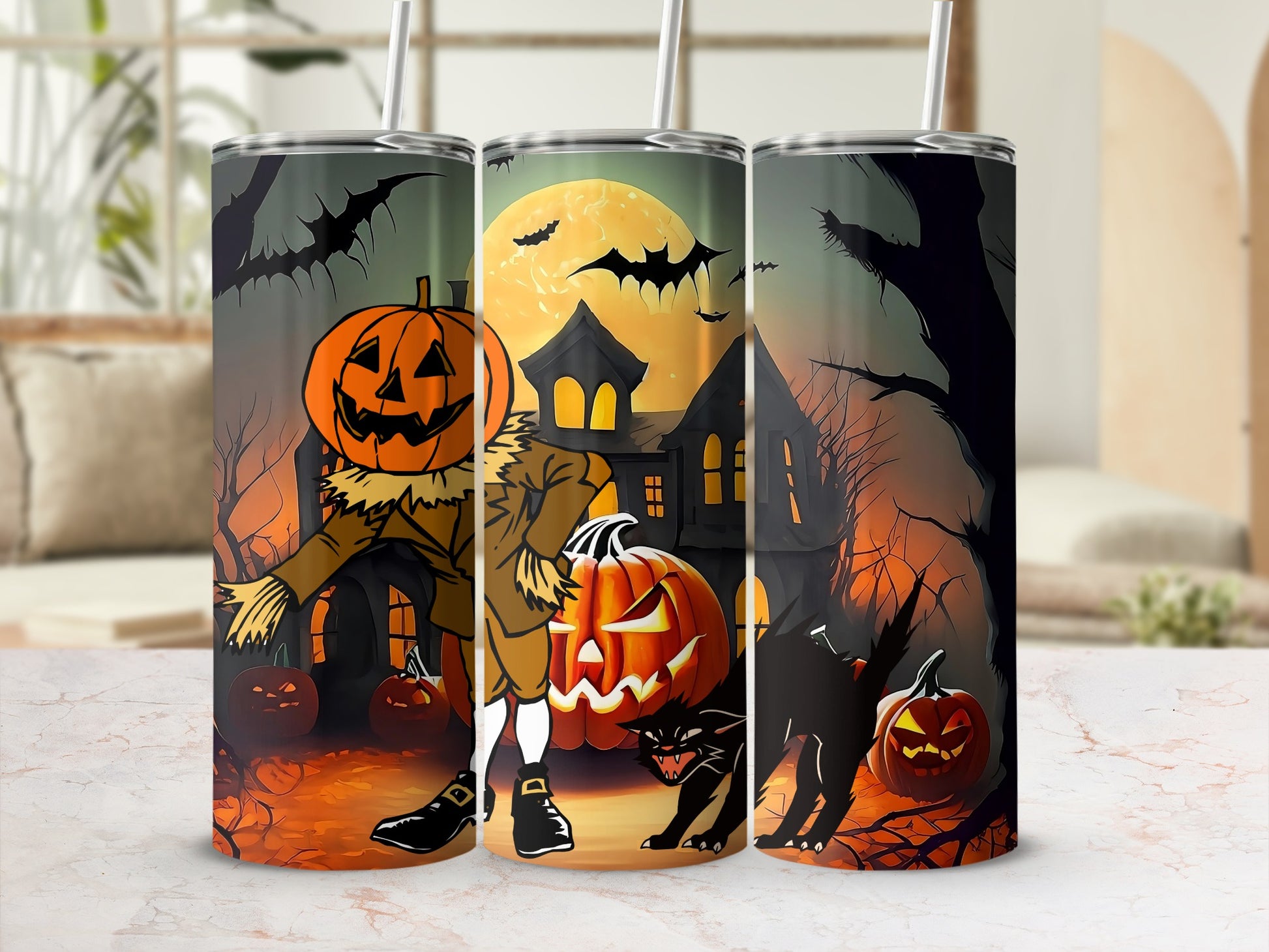 Spooky Halloween Pumpkin Design Skinny Tumbler
