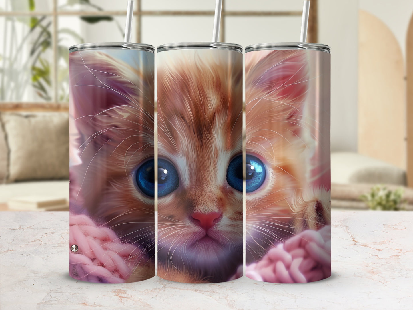Close-up of a fluffy orange kitten with large blue eyes peeking out from pink yarn.