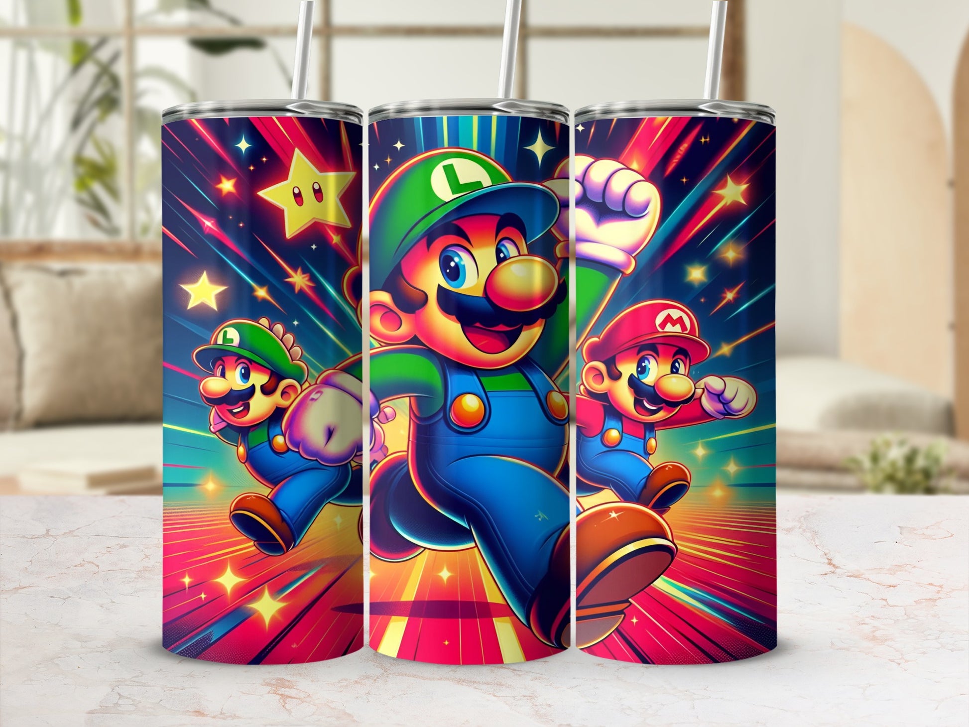 Mario and Luigi running with colorful stars and lights on tumblers.