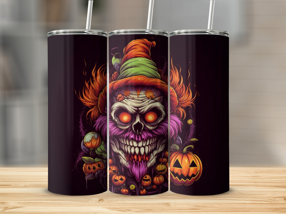 Tumbler with spooky clown skull, pumpkins, and Halloween theme design.