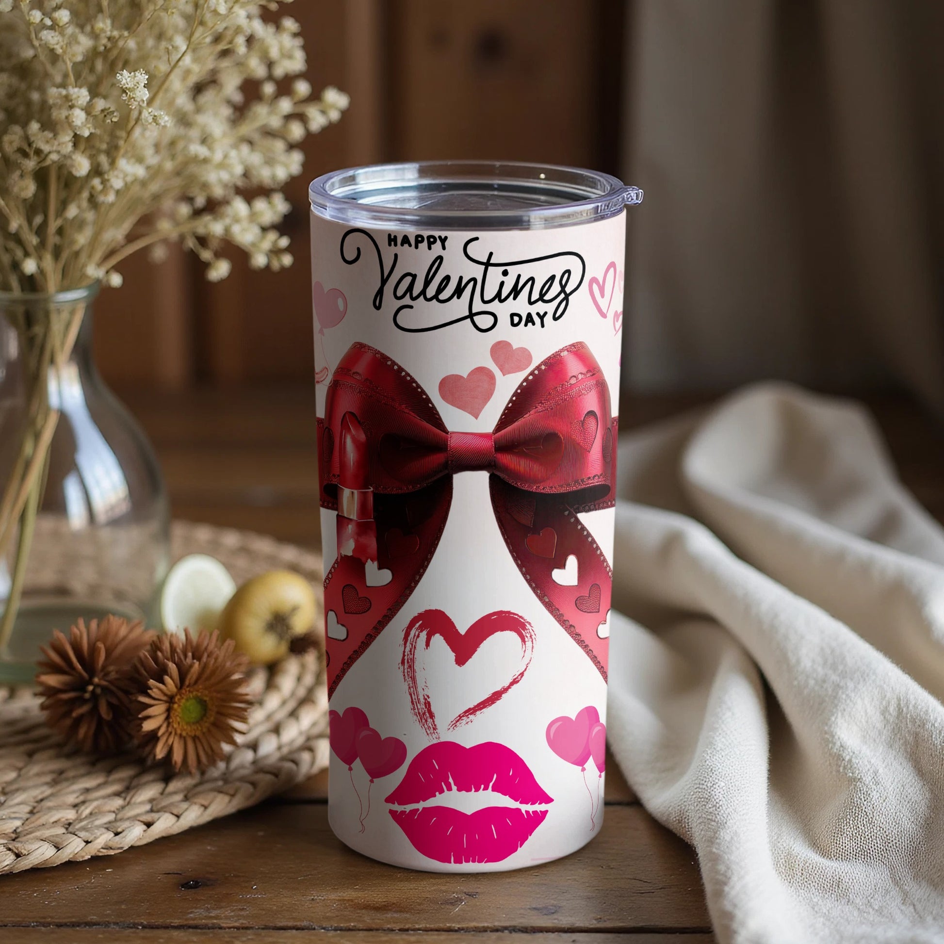 Happy Valentines Day Red Bow and Hearts Design Tumbler