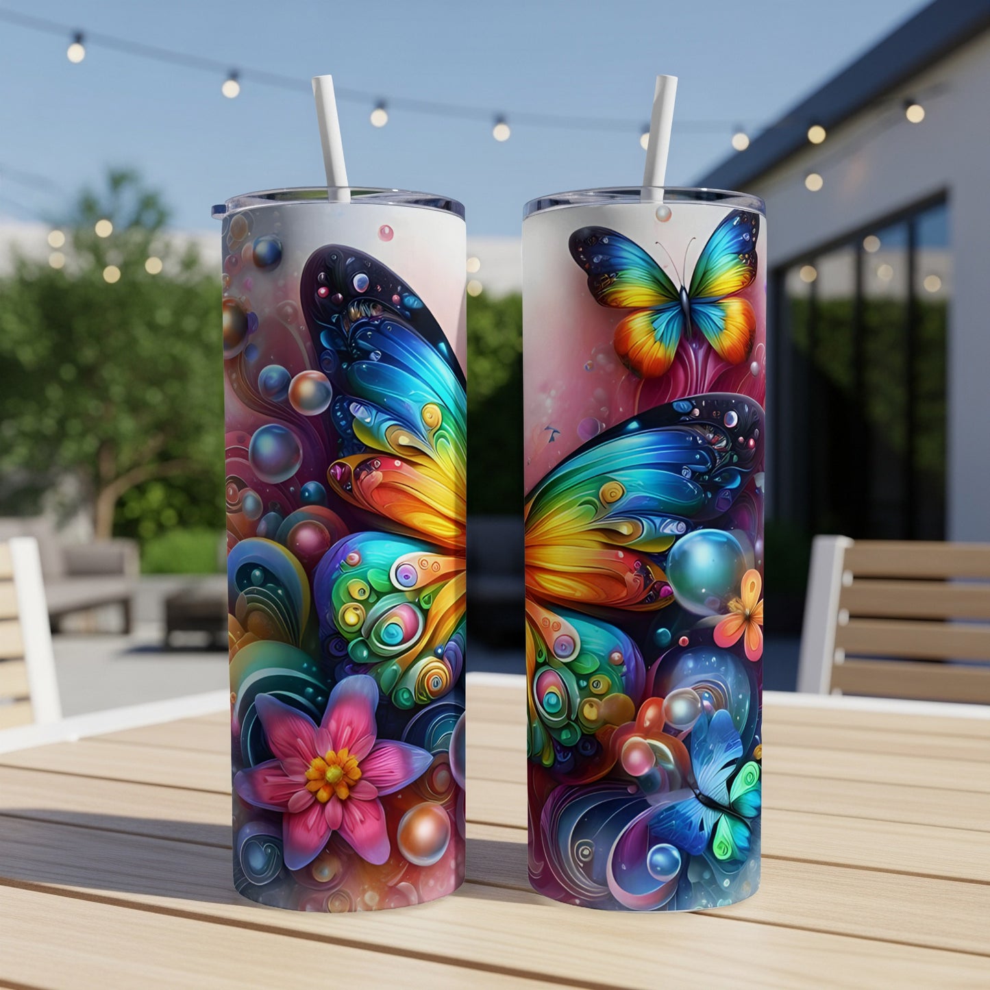 Two tall tumblers with vibrant butterfly and floral artwork.