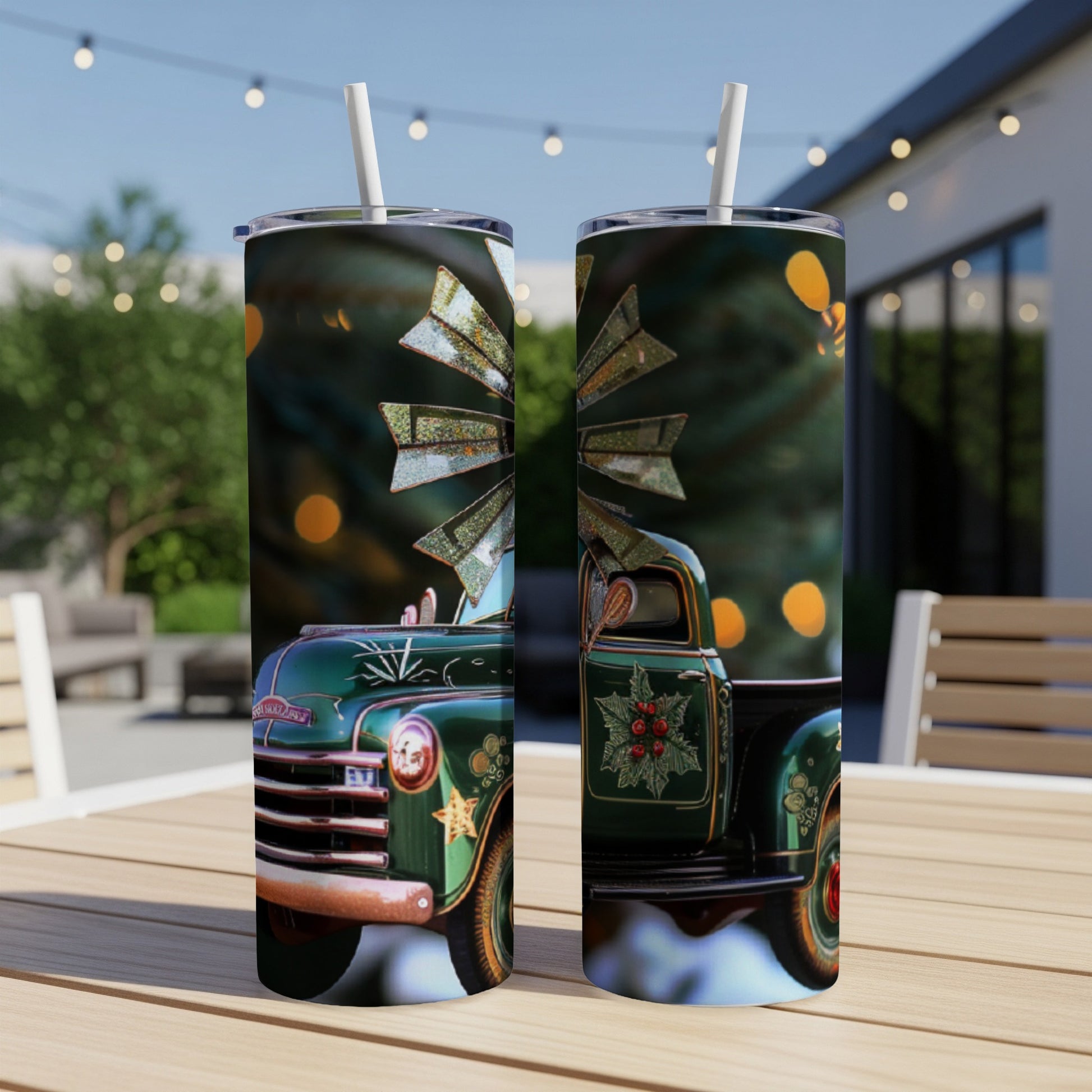 Vintage truck with holly and a windmill on a Christmas-themed tumbler.