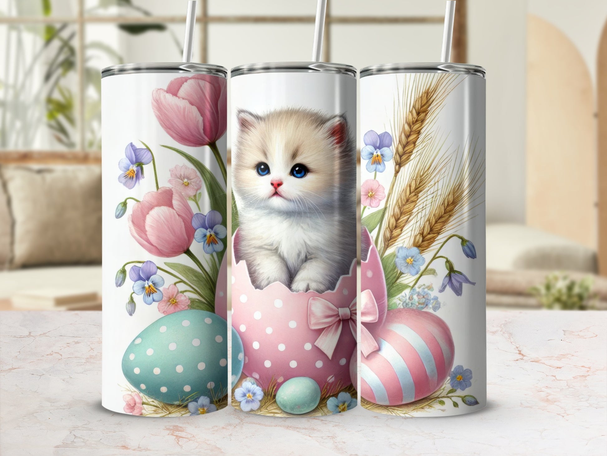 Adorable Kitten Eggshell Easter Tulips Pansies product type