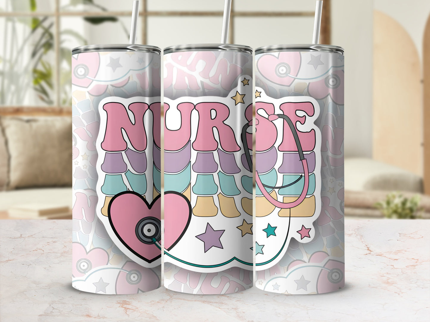 Nurse tumbler with stethoscope and pastel heart design.