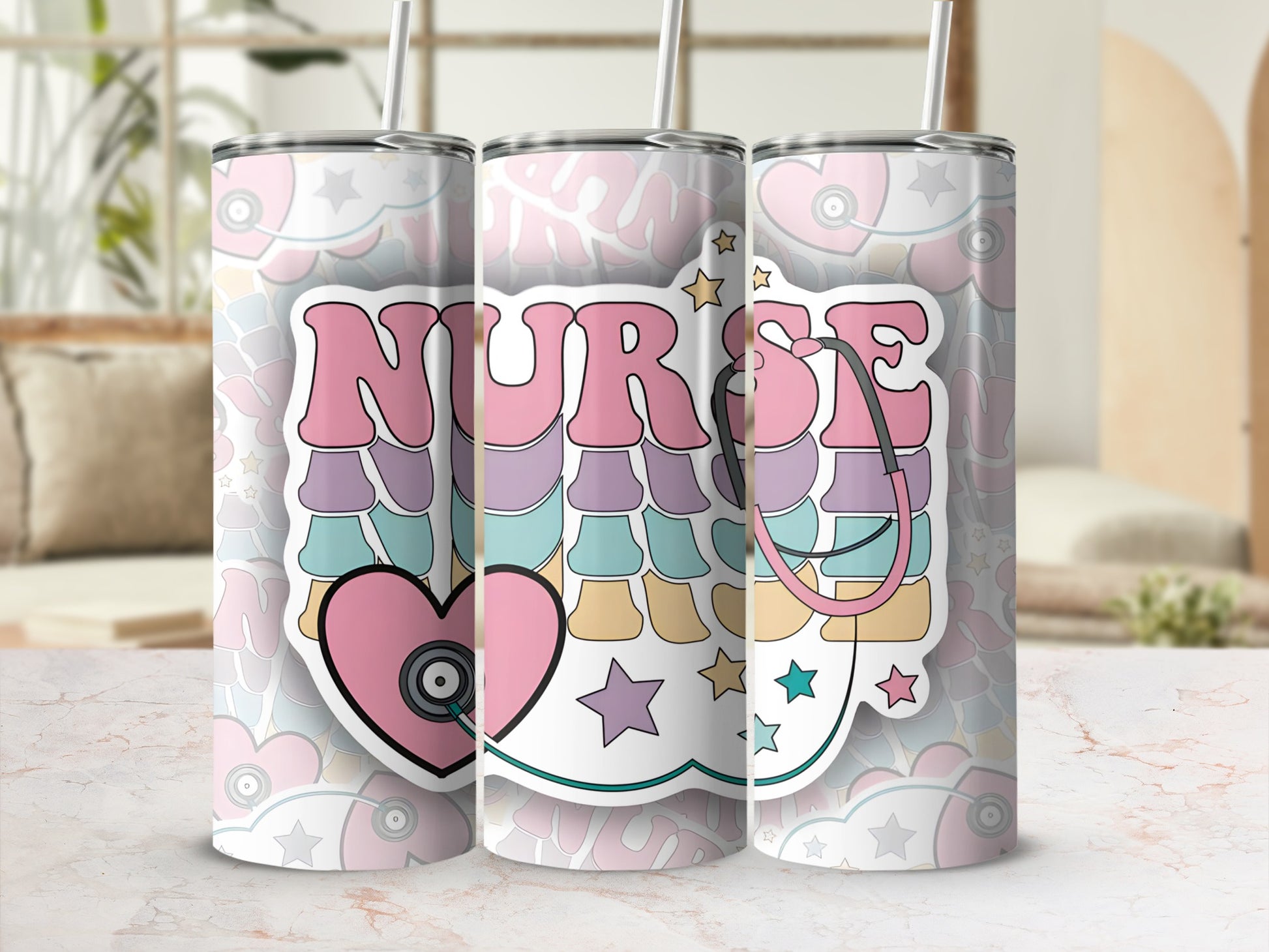 Nurse tumbler with stethoscope and pastel heart design.