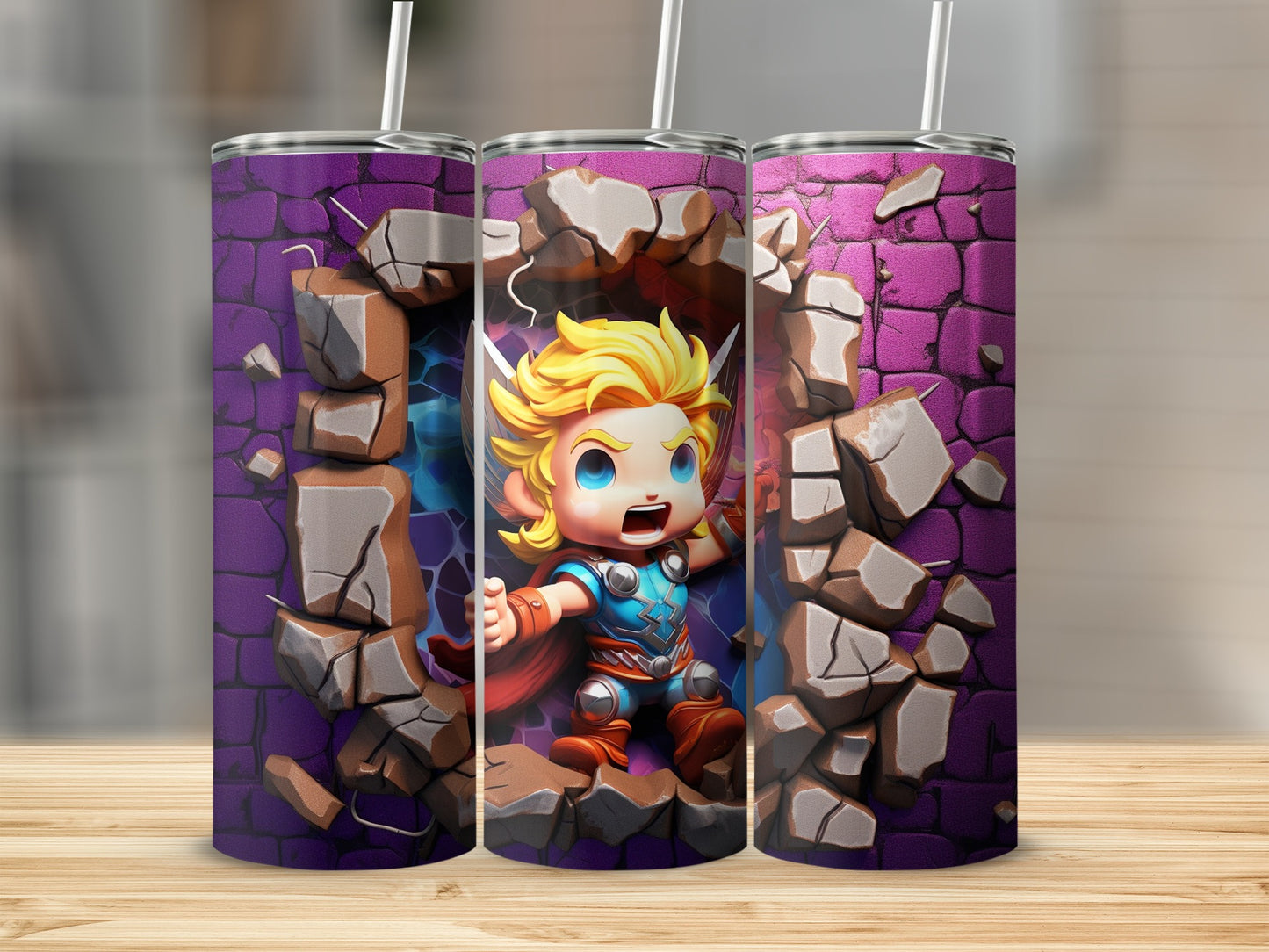 Superhero Cartoon Crashing Through Wall Tumbler