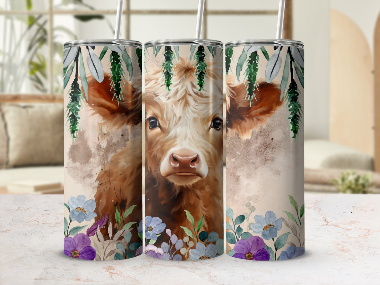 Highland Cow Floral Design Stainless Steel Tumbler